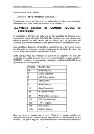 Programación Gráfica: AutoLISP Capitulo 10: Acceso a variables de AutoCAD
123
variable debe ir entre comillas.
Command: ( SETQ v ( GETVAR "aperture" ) )
En el ejemplo el valor de "aperture" que es la mirilla del retículo para modos de
referencia a entidades, queda almacenado en la variable "v".
10.3 Valores posibles de OSMODE (MODOs de
designación).
El significado y funnción de cada una de las Variables de Sistema viene
determinado desde el propio AutoCAD. No obstante, hay una variable que
conviene reseñar en este capitulo por su utilidad para los programas en
AutoLlSP que requieren designar puntos pertenecientes a entidades del dibujo.
Esta Variable de Sistema es OSMODE y su contenido es el del modo o modos
de referencia de entidades, vigente actualmente en el dibujo. Es decir, los
modos almacenados con la orden de Auto "Refent"
Cada vez que haya que introducir un punto en un programa de AutoLlSP
designado en pantalla conviene tener muy en cuenta cual es el valor actual de
OSMODE y cambiarlo si fuera preciso. Los valores posibles de OSMODE y sus
significados son los siguientes:
Valores Significados
Ø NIN (Ninguno)
1 END (Punto final
2 MID (Punto medio)
4 CEN (Centro)
8 NODE (Punto)
16 QUA (Cuadrante)
32 INT (Intersección)
64 INS (Punto de inserción)
128 PER (Perpendicular)
256 TAN (Tangente)
512 NEA (Cerca)
1Ø24 QUICK, (Rápido)
Hay que tener en cuenta que el modo "Rápido" no puede establecerse
aisladamente, sino en combinación con algún otro modo de referencia; de ahí
la coma "," de que va seguido. Se pueden combinar varios modos de referencia
 