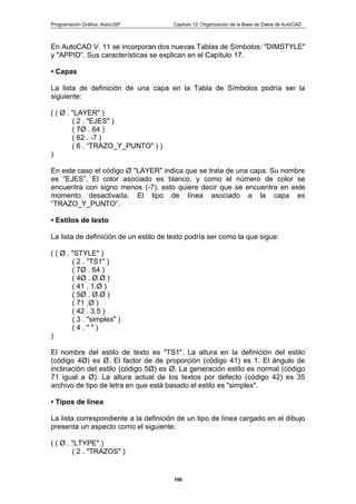 Programación Gráfica: AutoLISP Capitulo 12: Organización de la Base de Datos de AutoCAD
166
En AutoCAD V. 11 se incorporan dos nuevas Tablas de Símbolos: "DIMSTYLE"
y "APPID”. Sus características se explican en el Capítulo 17.
• Capas
La lista de definición de una capa en la Tabla de Símbolos podría ser la
siguiente:
( ( Ø . "LAYER" )
( 2 . "EJES" )
( 7Ø . 64 )
( 62 . -7 )
( 6 . “TRAZO_Y_PUNTO" ) )
)
En este caso el código Ø "LAYER" indica que se trata de una capa. Su nombre
es “EJES”. El color asociado es blanco, y como el número de color se
encuentra con signo menos (-7), esto quiere decir que se encuentra en este
momento desactivada. El tipo de línea asociado a la capa es
“TRAZO_Y_PUNTO”.
• Estilos de texto
La lista de definición de un estilo de texto podría ser como la que sigue:
( ( Ø . "STYLE" )
( 2 . "TS1" )
( 7Ø . 64 )
( 4Ø . Ø.Ø )
( 41 . 1.Ø )
( 5Ø . Ø.Ø )
( 71 .Ø )
( 42 . 3.5 )
( 3 . "simplex" )
( 4 . " " )
)
El nombre del estilo de texto es "TS1". La altura en la definición del estilo
(código 4Ø) es Ø. El factor de de proporción (código 41) es 1. El ángulo de
inclinación del estilo (código 5Ø) es Ø. La generación estilo es normal (código
71 igual a Ø). La altura actual de los textos por defecto (código 42) es 35
archivo de tipo de letra en que está basado el estilo es "simplex".
• Tipos de línea
La lista correspondiente a la definición de un tipo de línea cargado en el dibujo
presenta un aspecto como el siguiente:
( ( Ø . "LTYPE" )
( 2 . "TRAZOS" )
 