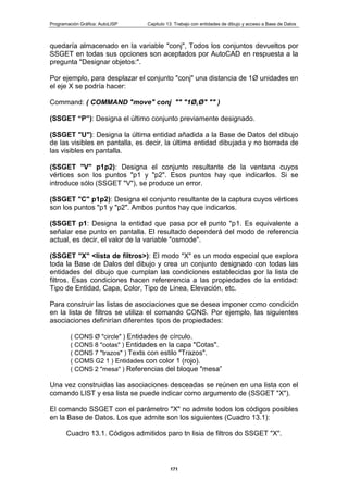 Programación Gráfica: AutoLISP Capitulo 13: Trabajo con entidades de dibujo y acceso a Base de Datos
171
quedaría almacenado en la variable "conj", Todos los conjuntos devueltos por
SSGET en todas sus opciones son aceptados por AutoCAD en respuesta a la
pregunta "Designar objetos:".
Por ejemplo, para desplazar el conjunto "conj" una distancia de 1Ø unidades en
el eje X se podría hacer:
Command: ( COMMAND "move" conj "" "1Ø,Ø" "" )
(SSGET “P”): Designa el último conjunto previamente designado.
(SSGET "U"): Designa la última entidad añadida a la Base de Datos del dibujo
de las visibles en pantalla, es decir, la última entidad dibujada y no borrada de
las visibles en pantalla.
(SSGET "V" p1p2): Designa el conjunto resultante de la ventana cuyos
vértices son los puntos "p1 y "p2". Esos puntos hay que indicarlos. Si se
introduce sólo (SSGET "V"), se produce un error.
(SSGET "C" p1p2): Designa el conjunto resultante de la captura cuyos vértices
son los puntos "p1 y "p2". Ambos puntos hay que indicarlos.
(SSGET p1: Designa la entidad que pasa por el punto "p1. Es equivalente a
señalar ese punto en pantalla. El resultado dependerá del modo de referencia
actual, es decir, el valor de la variable "osmode".
(SSGET "X" <lista de fíltros>): El modo "X" es un modo especial que explora
toda la Base de Dalos del dibujo y crea un conjunto designado con todas las
entidades del dibujo que cumplan las condiciones establecidas por la lista de
filtros. Esas condiciones hacen refererencia a las propiedades de la entidad:
Tipo de Entidad, Capa, Color, Tipo de Linea, Elevación, etc.
Para construir las listas de asociaciones que se desea imponer como condición
en la lista de filtros se utiliza el comando CONS. Por ejemplo, las siguientes
asociaciones definirían diferentes tipos de propiedades:
( CONS Ø "circle" ) Entidades de círculo.
( CONS 8 "cotas" ) Entidades en la capa "Cotas".
( CONS 7 "trazos" ) Texts con estilo "Trazos".
( COMS G2 1 ) Entidades con color 1 (rojo).
( CONS 2 "mesa" ) Referencias del bloque "mesa”
Una vez construidas las asociaciones desceadas se reúnen en una lista con el
comando LIST y esa lista se puede indicar como argumento de (SSGET "X").
El comando SSGET con el parámetro "X" no admite todos los códigos posibles
en la Base de Datos. Los que admite son los siguientes (Cuadro 13.1):
Cuadro 13.1. Códigos admitidos paro tn lisia de filtros do SSGET "X".
 