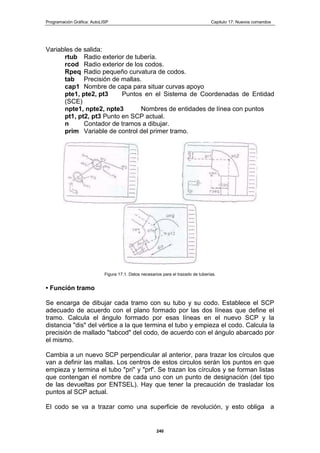Programación Gráfica: AutoLISP Capitulo 17: Nuevos comandos
240
Variables de salida:
rtub Radio exterior de tubería.
rcod Radio exterior de los codos.
Rpeq Radio pequeño curvatura de codos.
tab Precisión de mallas.
cap1 Nombre de capa para situar curvas apoyo
pte1, pte2, pt3 Puntos en el Sistema de Coordenadas de Entidad
(SCE)
npte1, npte2, npte3 Nombres de entidades de línea con puntos
pt1, pt2, pt3 Punto en SCP actual.
n Contador de tramos a dibujar.
prim Variable de control del primer tramo.
Figura 17.1. Datos necesarios para el trazado de tuberías.
• Función tramo
Se encarga de dibujar cada tramo con su tubo y su codo. Establece el SCP
adecuado de acuerdo con el plano formado por las dos líneas que define el
tramo. Calcula el ángulo formado por esas líneas en el nuevo SCP y la
distancia "dis" del vértice a la que termina el tubo y empieza el codo. Calcula la
precisión de mallado "tabcod" del codo, de acuerdo con el ángulo abarcado por
el mismo.
Cambia a un nuevo SCP perpendicular al anterior, para trazar los círculos que
van a definir las mallas. Los centros de estos circulos serán los puntos en que
empieza y termina el tubo "pri" y "prf'. Se trazan los círculos y se forman listas
que contengan el nombre de cada uno con un punto de designación (del tipo
de las devueltas por ENTSEL). Hay que tener la precaución de trasladar los
puntos al SCP actual.
El codo se va a trazar como una superficie de revolución, y esto obliga a
 