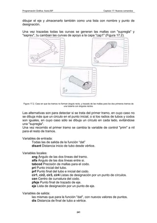Programación Gráfica: AutoLISP Capitulo 17: Nuevos comandos
241
dibujar el eje y almacenarlo también como una lista con nombre y punto de
designación.
Una vez trazadas todas las curvas se generan las mallas con "supregla" y
"saprev". Se cambian las curvas de apoyo a la capa "cap1" (Figura 17.2).
Figura 17.2. Caso en que los tramos no forman ángulo recto, y trazado de las mallas para los dos primeros tramos de
una tubería con ángulos rectos.
Las alternativas son para detectar si se trata del primer tramo, en cuyo caso no
se dibuja más que un circulo en el punto inicial, o si los radios de tubos y codos
son iguales, en cuyo caso sólo se dibuja un círculo en cada lado, evitándose
una "supregla".
Una vez recorrido el primer tramo se cambia la variable de control "prim" a nil
para el resto de tramos.
Variables de entrada:
Todas las de salida de la función “dat”
disant Distancia inicio de tubo desde vértice.
Variables locales:
ang Ángulo de las dos líneas del tramo.
alfa Ángulo de las dos líneas entre si.
tabcod Precisión de mallas para el codo.
pri Punto inicial del tubo.
prf Punto final del tubo e inicial del codo.
cir1, cir2, cir3, cir4 Listas de designación por un punto de círculos.
cen Centro de curvatura del codo.
pfeje Punto final de trazado de eje.
eje Lista de designación por un punto de eje.
Variables de salida:
las mismas que para la función "dat", con nuevos valores de puntos.
dis Distancia de final de tubo a vértice.
 