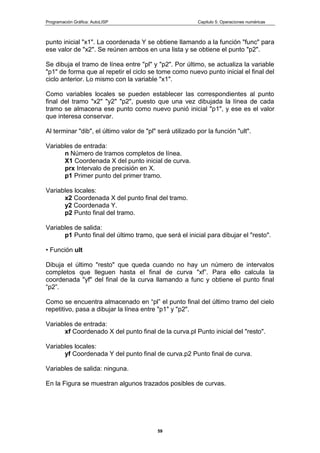 Programación Gráfica: AutoLISP Capitulo 5: Operaciones numéricas
59
punto inicial "x1". La coordenada Y se obtiene llamando a la función "func" para
ese valor de "x2". Se reúnen ambos en una lista y se obtiene el punto "p2".
Se dibuja el tramo de línea entre "pl" y "p2". Por último, se actualiza la variable
"p1" de forma que al repetir el ciclo se tome como nuevo punto inicial el final del
ciclo anterior. Lo mismo con la variable "x1".
Como variables locales se pueden establecer las correspondientes al punto
final del tramo "x2" "y2" "p2", puesto que una vez dibujada la línea de cada
tramo se almacena ese punto como nuevo punió inicial "p1", y ese es el valor
que interesa conservar.
Al terminar "dib", el último valor de "pl" será utilizado por la función "ult".
Variables de entrada:
n Número de tramos completos de línea.
X1 Coordenada X del punto inicial de curva.
prx Intervalo de precisión en X.
p1 Primer punto del primer tramo.
Variables locales:
x2 Coordenada X del punto final del tramo.
y2 Coordenada Y.
p2 Punto final del tramo.
Variables de salida:
p1 Punto final del último tramo, que será el inicial para dibujar el "resto".
• Función ult
Dibuja el último "resto" que queda cuando no hay un número de intervalos
completos que lleguen hasta el final de curva "xf”. Para ello calcula la
coordenada "yf" del final de la curva llamando a func y obtiene el punto final
“p2”.
Como se encuentra almacenado en “pl” el punto final del último tramo del cielo
repetitivo, pasa a dibujar la línea entre "p1" y "p2".
Variables de entrada:
xf Coordenado X del punto final de la curva.pl Punto inicial del "resto".
Variables locales:
yf Coordenada Y del punto final de curva.p2 Punto final de curva.
Variables de salida: ninguna.
En la Figura se muestran algunos trazados posibles de curvas.
 