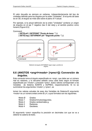 Programación Gráfica: AutoLISP Capitulo 6: Angulos y distancias
65
El valor devuelto es siempre en radianes, independientemente del tipo de
unidades definido para los ángulos por la orden "Unidades". Si el punto de base
es en 3D, el ángulo se mide sólo sobre el plano X-Y actual.
Por ejemplo, si la actual definición de la orden "Unidades" contiene un origen
de ángulos en el eje Y negativo (las 6 del reloj) y el sentido positivo como
horario (Figura 6.5):
Command:
( SETQ pt1 ( GETPOINT "Punto de base: " ) )
( SETQ ang ( GETORIENT pt1 "Segundo punto: " ) )
Medición de ángulos GETORIENT según origen y sentido de
ángulos.
6.6 (ANGTOS <ang>l<modo> [<prec>]]) Conversión de
ángulos.
Este comando toma el ángulo especificado en <ang>, que debe ser un número
real en radianes, y lo devuelve editado como cada texto según el formato
especificado por <modo> y precisión <prec>. Estos valores corresponden a las
Variables de Sistema AUNITS y AUPREC, respectivamente. Si no se
suministran los argumentos <modo> y <prec>, se
toman los valores actuales de esas dos Variables de Sistema.El argumento
<modo> es un número entero entre Ø y 4, cuyos formatos son los siguientes:
Modo Ø Grados
Modo 1 Grados/minutos/segundos.
Modo 2 Grados centesimales g.
Modo 3 Radianes.
Modo 4 Geodesia.
El argumento <prec> especifica la precisión en decimales con que se va a
obtener la cadena de texto.
 