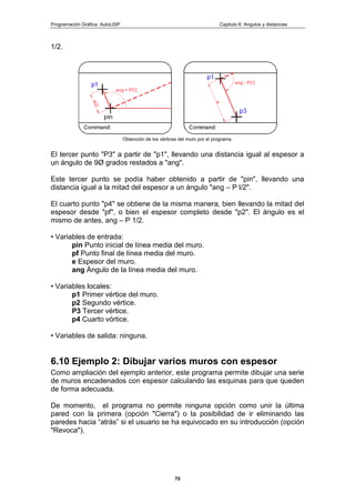 Programación Gráfica: AutoLISP Capitulo 6: Angulos y distancias
70
1/2.
Obtención de los vértices del muro por el programa.
El tercer punto "P3" a partir de "p1", llevando una distancia igual al espesor a
un ángulo de 9Ø grados restados a "ang".
Este tercer punto se podía haber obtenido a partir de "pin", llevando una
distancia igual a la mitad del espesor a un ángulo "ang – P l/2".
El cuarto punto "p4" se obtiene de la misma manera, bien llevando la mitad del
espesor desde "pf", o bien el espesor completo desde "p2". El ángulo es el
mismo de antes, ang – P 1/2.
• Variables de entrada:
pin Punto inicial de línea media del muro.
pf Punto final de línea media del muro.
e Espesor del muro.
ang Ángulo de la línea media del muro.
• Variables locales:
p1 Primer vértice del muro.
p2 Segundo vértice.
P3 Tercer vértice.
p4 Cuarto vórtice.
• Variables de salida: ninguna.
6.10 Ejemplo 2: Dibujar varios muros con espesor
Como ampliación del ejemplo anterior, este programa permite dibujar una serie
de muros encadenados con espesor calculando las esquinas para que queden
de forma adecuada.
De momento, el programa no permite ninguna opción como unir la última
pared con la primera (opción "Cierra") o la posibilidad de ir eliminando las
paredes hacia “atrás” si el usuario se ha equivocado en su introducción (opción
"Revoca").
 
