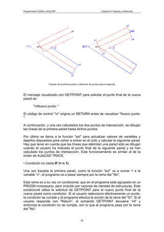 Programación Gráfica: AutoLISP Capitulo 6: Angulos y distancias
77
Trazado de la primera pared y obtención de puntos para la segunda.
El mensaje visualizado con GETPOINT para solicitar el punto final de la nueva
pared es:
"nNuevo punto: "
El código de control "n" origina un RETURN antes de visualizar "Nuevo punto:
".
A continuación, y una vez calculados los dos puntos de intersección, se dibujan
las líneas de la primera pared hasta dichos puntos.
Por último se llama a la función "act" para actualizar valores de variables y
dejarlos dispuestos para volver a entrar en el ciclo y calcular la siguiente pared.
Hay que tener en cuenta que las líneas que delimitan una pared sólo se dibujan
cuando el usuario ha indicado el punto final de la siguiente pared y se han
calculado los puntos de intersección. Este funcionamiento es similar al de la
orden de AutoCAD TRACE.
• Condición no cierta IF (= n 1).
Una vez trazada la primera pared, como la función "act" va a sumar 1 a la
variable “n”, el programa va a pasar siempre por la rama del "No".
Esta rama es a su vez un condicional, que en el programa está agrupado en un
PROGN innecesario, pero incluido por razones de claridad de estructuras. Este
condicional utiliza la solicitud de GETPOINT para el nuevo punto final de la
nueva pared como condición. Si el usuario selecciona efectivamente un punto,
la condición se cumple y el programa efectúa la acción de la rama del "Sí". Si el
usuario responde con "Return", el comando GETPOINT devuelve “nil” y
entonces la condición no se cumple, con lo que el programa pasa por la rama
del "No".
 