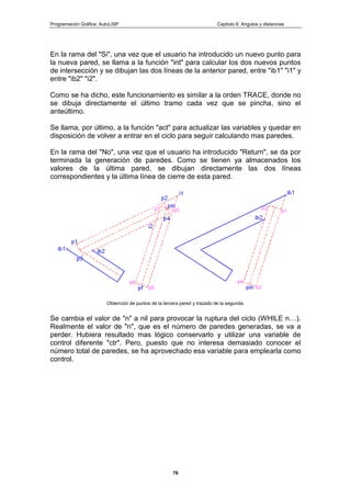 Programación Gráfica: AutoLISP Capitulo 6: Angulos y distancias
78
En la rama del "Si", una vez que el usuario ha introducido un nuevo punto para
la nueva pared, se llama a la función "int" para calcular los dos nuevos puntos
de intersección y se dibujan las dos líneas de la anterior pared, entre "ib1" "i1" y
entre "ib2" "i2".
Como se ha dicho, este funcionamiento es similar a la orden TRACE, donde no
se dibuja directamente el último tramo cada vez que se pincha, sino el
anteúltimo.
Se llama, por último, a la función "act" para actualizar las variables y quedar en
disposición de volver a entrar en el ciclo para seguir calculando mas paredes.
En la rama del "No", una vez que el usuario ha introducido "Return", se da por
terminada la generación de paredes. Como se tienen ya almacenados los
valores de la última pared, se dibujan directamente las dos líneas
correspondientes y la última línea de cierre de esta pared.
Obtención de puntos de la tercera pared y trazado de la segunda.
Se cambia el valor de "n" a nil para provocar la ruptura del ciclo (WHILE n…).
Realmente el valor de "n", que es el número de paredes generadas, se va a
perder. Hubiera resultado mas lógico conservarlo y utilizar una variable de
control diferente "ctr". Pero, puesto que no interesa demasiado conocer el
número total de paredes, se ha aprovechado esa variable para emplearla como
control.
 