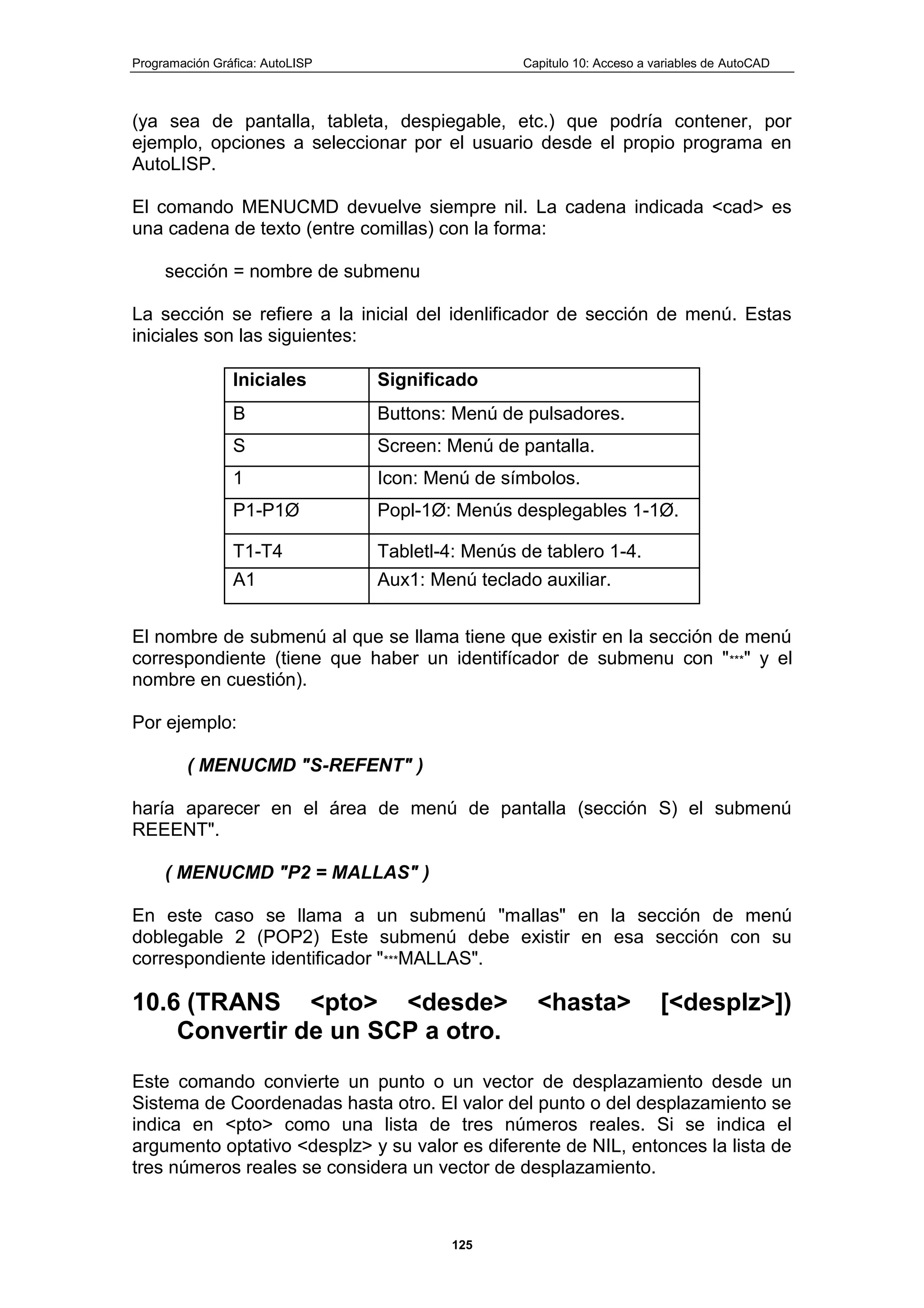 Programación Gráfica: AutoLISP Capitulo 10: Acceso a variables de AutoCAD
125
(ya sea de pantalla, tableta, despiegable, etc.) que podría contener, por
ejemplo, opciones a seleccionar por el usuario desde el propio programa en
AutoLISP.
El comando MENUCMD devuelve siempre nil. La cadena indicada <cad> es
una cadena de texto (entre comillas) con la forma:
sección = nombre de submenu
La sección se refiere a la inicial del idenlificador de sección de menú. Estas
iniciales son las siguientes:
Iniciales Significado
B Buttons: Menú de pulsadores.
S Screen: Menú de pantalla.
1 Icon: Menú de símbolos.
P1-P1Ø Popl-1Ø: Menús desplegables 1-1Ø.
T1-T4 Tabletl-4: Menús de tablero 1-4.
A1 Aux1: Menú teclado auxiliar.
El nombre de submenú al que se llama tiene que existir en la sección de menú
correspondiente (tiene que haber un identifícador de submenu con "***" y el
nombre en cuestión).
Por ejemplo:
( MENUCMD "S-REFENT" )
haría aparecer en el área de menú de pantalla (sección S) el submenú
REEENT".
( MENUCMD "P2 = MALLAS" )
En este caso se llama a un submenú "mallas" en la sección de menú
doblegable 2 (POP2) Este submenú debe existir en esa sección con su
correspondiente identificador "***MALLAS".
10.6 (TRANS <pto> <desde> <hasta> [<desplz>])
Convertir de un SCP a otro.
Este comando convierte un punto o un vector de desplazamiento desde un
Sistema de Coordenadas hasta otro. El valor del punto o del desplazamiento se
indica en <pto> como una lista de tres números reales. Si se indica el
argumento optativo <desplz> y su valor es diferente de NIL, entonces la lista de
tres números reales se considera un vector de desplazamiento.
 