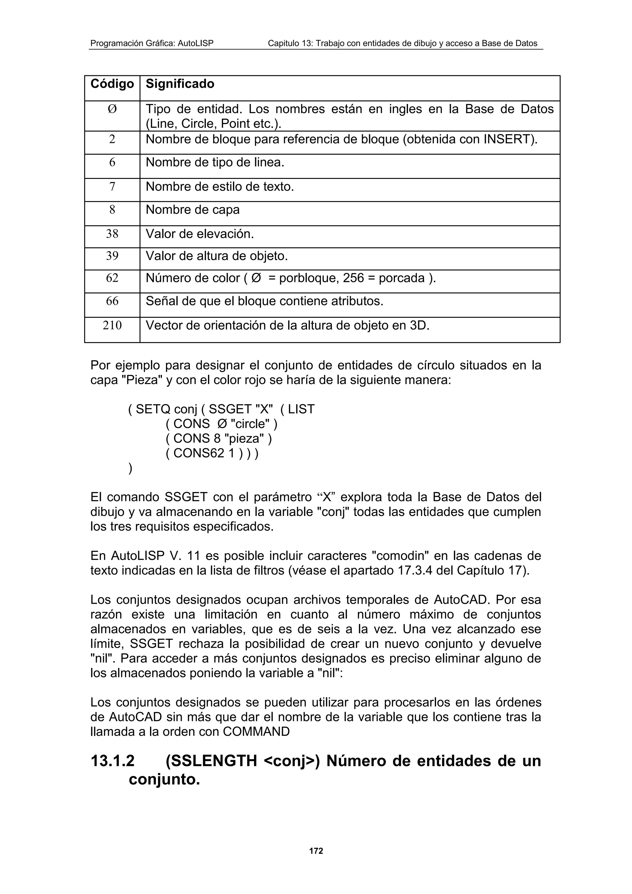 Programación Gráfica: AutoLISP Capitulo 13: Trabajo con entidades de dibujo y acceso a Base de Datos
172
Código Significado
Ø Tipo de entidad. Los nombres están en ingles en la Base de Datos
(Line, Circle, Point etc.).
2 Nombre de bloque para referencia de bloque (obtenida con INSERT).
6 Nombre de tipo de linea.
7 Nombre de estilo de texto.
8 Nombre de capa
38 Valor de elevación.
39 Valor de altura de objeto.
62 Número de color ( Ø = porbloque, 256 = porcada ).
66 Señal de que el bloque contiene atributos.
210 Vector de orientación de la altura de objeto en 3D.
Por ejemplo para designar el conjunto de entidades de círculo situados en la
capa "Pieza" y con el color rojo se haría de la siguiente manera:
( SETQ conj ( SSGET "X" ( LIST
( CONS Ø "circle" )
( CONS 8 "pieza" )
( CONS62 1 ) ) )
)
El comando SSGET con el parámetro “X” explora toda la Base de Datos del
dibujo y va almacenando en la variable "conj" todas las entidades que cumplen
los tres requisitos especificados.
En AutoLISP V. 11 es posible incluir caracteres "comodin" en las cadenas de
texto indicadas en la lista de filtros (véase el apartado 17.3.4 del Capítulo 17).
Los conjuntos designados ocupan archivos temporales de AutoCAD. Por esa
razón existe una limitación en cuanto al número máximo de conjuntos
almacenados en variables, que es de seis a la vez. Una vez alcanzado ese
límite, SSGET rechaza la posibilidad de crear un nuevo conjunto y devuelve
"nil". Para acceder a más conjuntos designados es preciso eliminar alguno de
los almacenados poniendo la variable a "nil":
Los conjuntos designados se pueden utilizar para procesarlos en las órdenes
de AutoCAD sin más que dar el nombre de la variable que los contiene tras la
llamada a la orden con COMMAND
13.1.2 (SSLENGTH <conj>) Número de entidades de un
conjunto.
 
