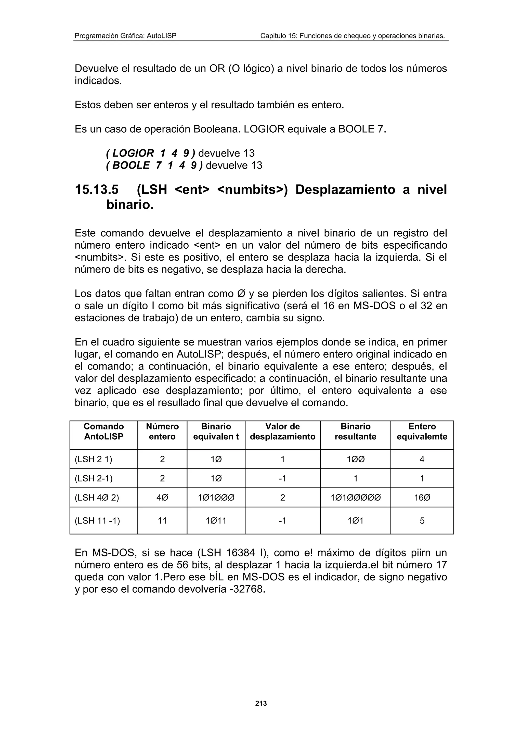 Programación Gráfica: AutoLISP Capitulo 15: Funciones de chequeo y operaciones binarias.
213
Devuelve el resultado de un OR (O lógico) a nivel binario de todos los números
indicados.
Estos deben ser enteros y el resultado también es entero.
Es un caso de operación Booleana. LOGIOR equivale a BOOLE 7.
( LOGIOR 1 4 9 ) devuelve 13
( BOOLE 7 1 4 9 ) devuelve 13
15.13.5 (LSH <ent> <numbits>) Desplazamiento a nivel
binario.
Este comando devuelve el desplazamiento a nivel binario de un registro del
número entero indicado <ent> en un valor del número de bits especificando
<numbits>. Si este es positivo, el entero se desplaza hacia la izquierda. Si el
número de bits es negativo, se desplaza hacia la derecha.
Los datos que faltan entran como Ø y se pierden los dígitos salientes. Si entra
o sale un dígito I como bit más significativo (será el 16 en MS-DOS o el 32 en
estaciones de trabajo) de un entero, cambia su signo.
En el cuadro siguiente se muestran varios ejemplos donde se indica, en primer
lugar, el comando en AutoLISP; después, el número entero original indicado en
el comando; a continuación, el binario equivalente a ese entero; después, el
valor del desplazamiento especificado; a continuación, el binario resultante una
vez aplicado ese desplazamiento; por último, el entero equivalente a ese
binario, que es el resullado final que devuelve el comando.
Comando
AntoLlSP
Número
entero
Binario
equivalen t
Valor de
desplazamiento
Binario
resultante
Entero
equivalemte
(LSH 2 1) 2 1Ø 1 1ØØ 4
(LSH 2-1) 2 1Ø -1 1 1
(LSH 4Ø 2) 4Ø 1Ø1ØØØ 2 1Ø1ØØØØØ 16Ø
(LSH 11 -1) 11 1Ø11 -1 1Ø1 5
En MS-DOS, si se hace (LSH 16384 I), como e! máximo de dígitos piirn un
número entero es de 56 bits, al desplazar 1 hacia la izquierda.el bit número 17
queda con valor 1.Pero ese bÍL en MS-DOS es el indicador, de signo negativo
y por eso el comando devolvería -32768.
 