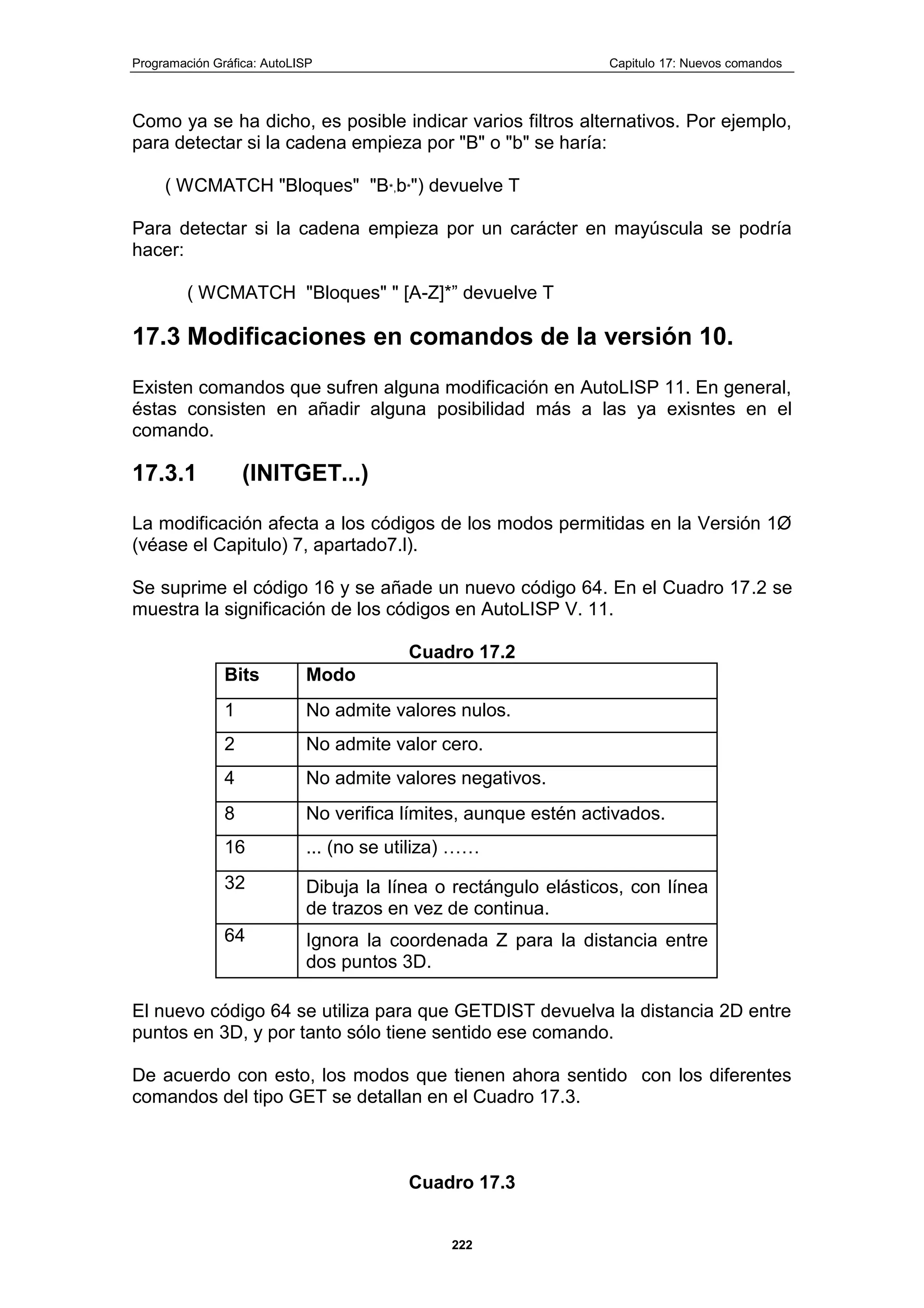 Programación Gráfica: AutoLISP Capitulo 17: Nuevos comandos
222
Como ya se ha dicho, es posible indicar varios filtros alternativos. Por ejemplo,
para detectar si la cadena empieza por "B" o "b" se haría:
( WCMATCH "Bloques" "B*,b*") devuelve T
Para detectar si la cadena empieza por un carácter en mayúscula se podría
hacer:
( WCMATCH "Bloques" " [A-Z]*” devuelve T
17.3 Modificaciones en comandos de la versión 10.
Existen comandos que sufren alguna modificación en AutoLISP 11. En general,
éstas consisten en añadir alguna posibilidad más a las ya exisntes en el
comando.
17.3.1 (INITGET...)
La modificación afecta a los códigos de los modos permitidas en la Versión 1Ø
(véase el Capitulo) 7, apartado7.l).
Se suprime el código 16 y se añade un nuevo código 64. En el Cuadro 17.2 se
muestra la significación de los códigos en AutoLISP V. 11.
Cuadro 17.2
Bits Modo
1 No admite valores nulos.
2 No admite valor cero.
4 No admite valores negativos.
8 No verifica límites, aunque estén activados.
16 ... (no se utiliza) ……
32 Dibuja la línea o rectángulo elásticos, con línea
de trazos en vez de continua.
64 Ignora la coordenada Z para la distancia entre
dos puntos 3D.
El nuevo código 64 se utiliza para que GETDIST devuelva la distancia 2D entre
puntos en 3D, y por tanto sólo tiene sentido ese comando.
De acuerdo con esto, los modos que tienen ahora sentido con los diferentes
comandos del tipo GET se detallan en el Cuadro 17.3.
Cuadro 17.3
 