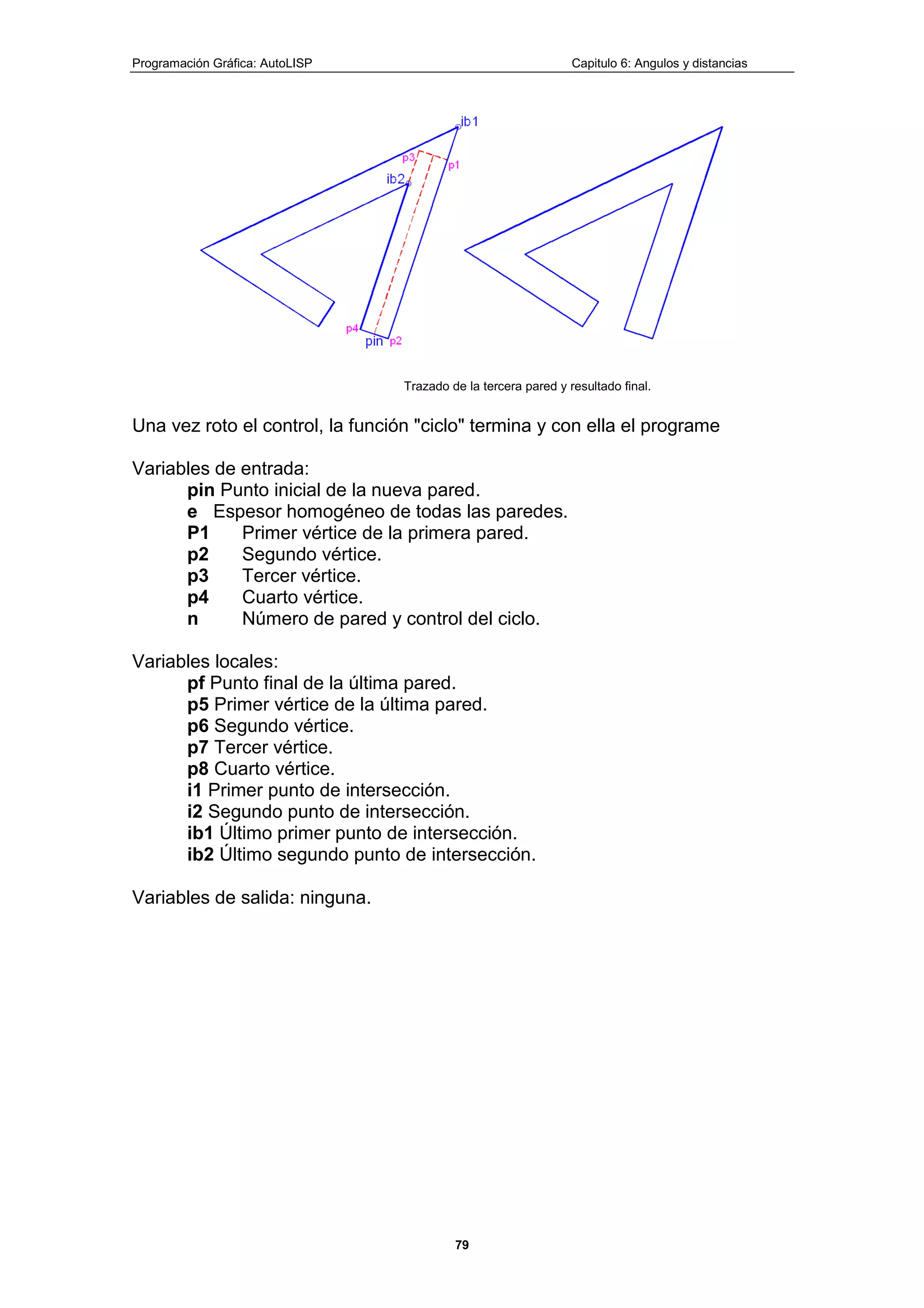 Programación Gráfica: AutoLISP Capitulo 6: Angulos y distancias
79
Trazado de la tercera pared y resultado final.
Una vez roto el control, la función "ciclo" termina y con ella el programe
Variables de entrada:
pin Punto inicial de la nueva pared.
e Espesor homogéneo de todas las paredes.
P1 Primer vértice de la primera pared.
p2 Segundo vértice.
p3 Tercer vértice.
p4 Cuarto vértice.
n Número de pared y control del ciclo.
Variables locales:
pf Punto final de la última pared.
p5 Primer vértice de la última pared.
p6 Segundo vértice.
p7 Tercer vértice.
p8 Cuarto vértice.
i1 Primer punto de intersección.
i2 Segundo punto de intersección.
ib1 Último primer punto de intersección.
ib2 Último segundo punto de intersección.
Variables de salida: ninguna.
 