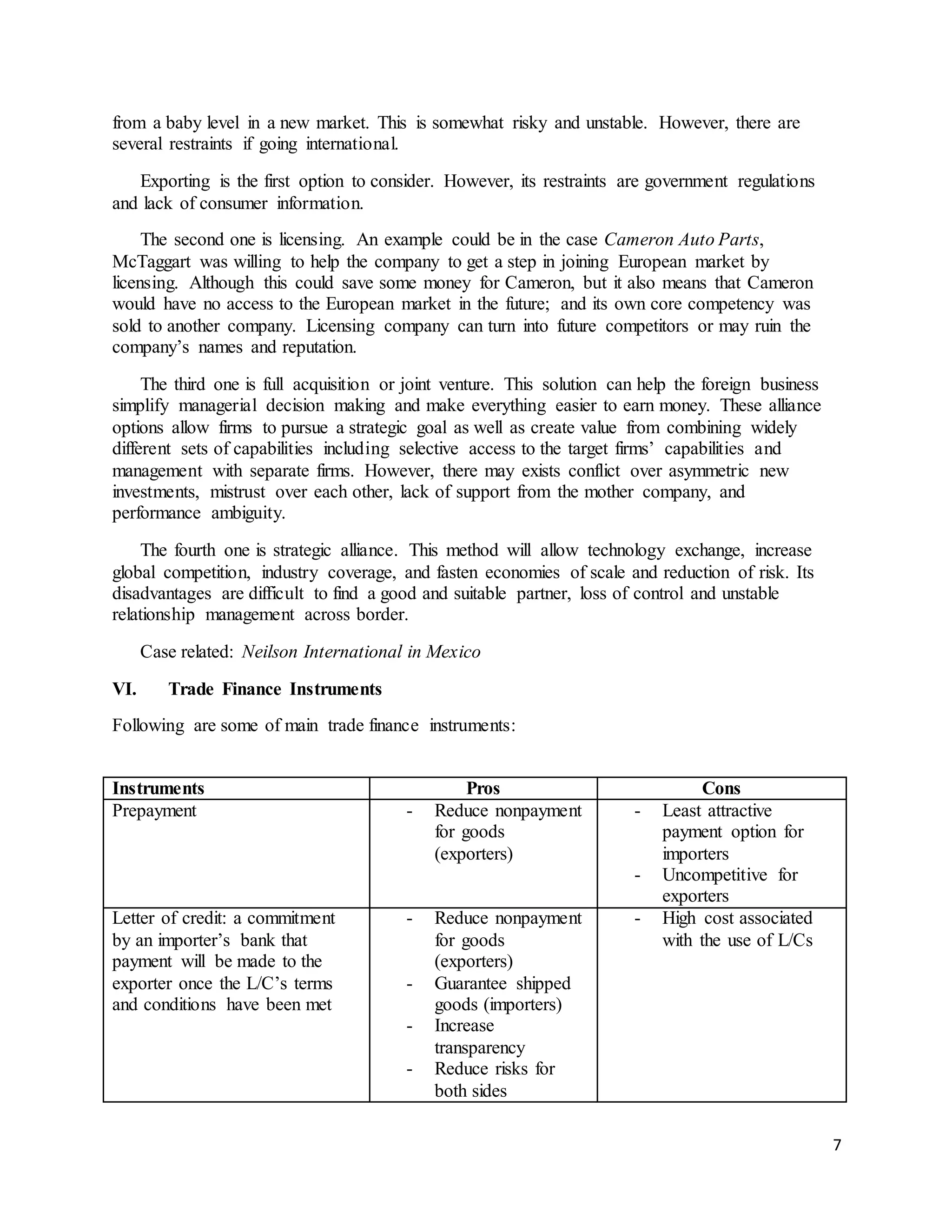 7
from a baby level in a new market. This is somewhat risky and unstable. However, there are
several restraints if going international.
Exporting is the first option to consider. However, its restraints are government regulations
and lack of consumer information.
The second one is licensing. An example could be in the case Cameron Auto Parts,
McTaggart was willing to help the company to get a step in joining European market by
licensing. Although this could save some money for Cameron, but it also means that Cameron
would have no access to the European market in the future; and its own core competency was
sold to another company. Licensing company can turn into future competitors or may ruin the
company’s names and reputation.
The third one is full acquisition or joint venture. This solution can help the foreign business
simplify managerial decision making and make everything easier to earn money. These alliance
options allow firms to pursue a strategic goal as well as create value from combining widely
different sets of capabilities including selective access to the target firms’ capabilities and
management with separate firms. However, there may exists conflict over asymmetric new
investments, mistrust over each other, lack of support from the mother company, and
performance ambiguity.
The fourth one is strategic alliance. This method will allow technology exchange, increase
global competition, industry coverage, and fasten economies of scale and reduction of risk. Its
disadvantages are difficult to find a good and suitable partner, loss of control and unstable
relationship management across border.
Case related: Neilson International in Mexico
VI. Trade Finance Instruments
Following are some of main trade finance instruments:
Instruments Pros Cons
Prepayment - Reduce nonpayment
for goods
(exporters)
- Least attractive
payment option for
importers
- Uncompetitive for
exporters
Letter of credit: a commitment
by an importer’s bank that
payment will be made to the
exporter once the L/C’s terms
and conditions have been met
- Reduce nonpayment
for goods
(exporters)
- Guarantee shipped
goods (importers)
- Increase
transparency
- Reduce risks for
both sides
- High cost associated
with the use of L/Cs
 