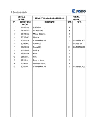 8. Dispositivo de trabalho
MODELO
ZL30BR
CONJUNTO DA CAÇAMBA 252604832
PÁGINA
G08-04
Nº CÓDIGO DAS
PEÇAS
DESCRIÇÃO QTD. NOTA
1 252604834 Caçamba 1
2 251903322 Dente direito 1
3 251903323 Manga do dente 6
4 252604833 Lâmina 5
5 805000106 Cavilha M20X60 15 GB/T5783-2000
6 805300023 Arruela 20 17 GB/T93-1987
7 805200052 Porca M20 25 GB/T6170-2000
8 252100838 Cavilha 8
9 252500316 Pino 6
10 252500317 Pino 6
11 251903324 Base do dente 4
12 251903321 Dente esquerdo 1
13 805000507 Cavilha M20X80 2 GB/T5783-2000
 