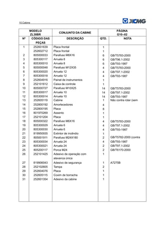 10.Cabine
MODELO
ZL30BR
CONJUNTO DA CABINE
PÁGINA
G10--02
Nº CÓDIGO DAS
PEÇAS
DESCRIÇÃO QTD. NOTA
1 252601639 Placa frontal 1
252602712 Placa frontal 1
2 805000033 Parafuso M8X16 6 GB/T5783-2000
3 805300117 Arruela 8 6 GB/T96.1-2002
4 805300010 Arruela 8 6 GB/T93-1987
5 805000048 Parafuso M12X35 4 GB/T5783-2000
6 805300020 Arruela 12 4 GB/T97.1-2002
7 805300018 Arruela 12 4 GB/T93-1987
8 252604916 Painel de instrumentos 1
9 252101612 Caixa de controle 1
10 805000727 Parafuso M10X25 14 GB/T5783-2000
11 805300017 Arruela 10 14 GB/T97.1-2002
12 805300014 Arruela 10 14 GB/T93-1987
13 252605119 Cabine 1 Não contra rolar (sem
14 252800192 Amortecedores 4
15 252800195 Placa 8
16 801970269 Assento 1
17 252101204 Placa 1
18 805000322 Parafuso M6X16 4 GB/T5783-2000
19 805300029 Arruela 6 4 GB/T97.1-2002
20 805300030 Arruela 6 4 GB/T93-1987
21 819950935 Extintor de incêndio 1
22 805001911 Parafuso M24X180 2 GB/T5782-2000 (contra
23 805300034 Arruela 24 4 GB/T93-1987
24 805300021 Arruela 24 2 GB/T97.1-2002
25 805200117 Porca M24 2 GB/T6170-2000
26 252101425 Adesivo de operação com
alavanca única
1
27 819906043 Adesivo de segurança 1 A7275B
28 252102605 Tampa 2
29 252604076 Placa 1
30 252605115 Coxim de borracha 1
31 252601354 Adesivo da cabine 1
 