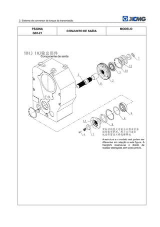 2. Sistema de conversor de torque da transmissão
PÁGINA
G02-21
CONJUNTO DE SAÍDA
MODELO
Componente de saída
A estrutura e o modelo real podem ser
diferentes em relação a esta figura. A
HangChi reserva-se o direito de
realizar alterações sem aviso prévio.
 