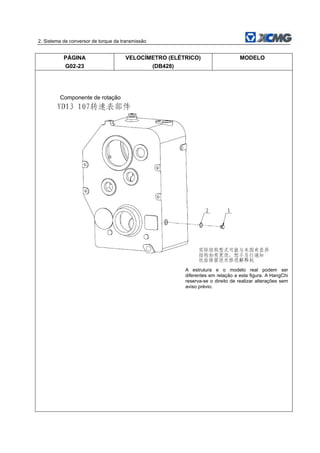 2. Sistema de conversor de torque da transmissão
PÁGINA
G02-23
VELOCÍMETRO (ELÉTRICO)
(DB428)
MODELO
Componente de rotação
A estrutura e o modelo real podem ser
diferentes em relação a esta figura. A HangChi
reserva-se o direito de realizar alterações sem
aviso prévio.
 