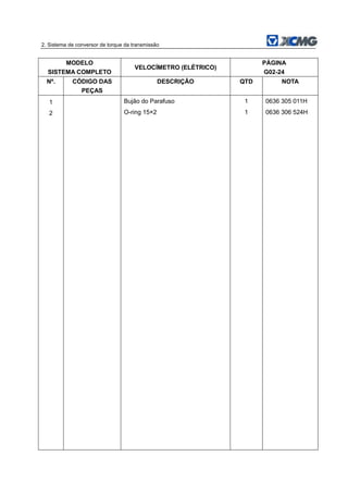 2. Sistema de conversor de torque da transmissão
MODELO
SISTEMA COMPLETO
VELOCÍMETRO (ELÉTRICO)
PÁGINA
G02-24
Nº. CÓDIGO DAS
PEÇAS
DESCRIÇÃO QTD NOTA
1 Bujão do Parafuso 1 0636 305 011H
2 O-ring 15×2 1 0636 306 524H
 