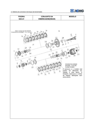 2. Sistema de conversor de torque da transmissão
PÁGINA
G02-41
CONJUNTO DA
EMBREAGEM(DB428)
MODELO
Componente de embreagem
A estrutura e o modelo real
podem ser diferentes em
relação a esta figura. A
HangChi reserva-se o direito
de realizar alterações sem
aviso prévio.
 