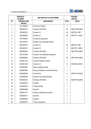 4. Sistema de Plataforma
MODELO
ZL30BR
SISTEMA DE PLATAFORMA
PÁGINA
G04-02
Nº CÓDIGO DAS
PEÇAS
DESCRIÇÃO QTD. NOTA
1 251700285 Para-lama direito 1
2 805000716 Parafuso M12X30 20 GB/T5783-2000
3 805300018 Arruela 12 44 GB/T93-1987
4 805300020 Arruela 12 38 GB/T97.1-2002
5 251700281 Para-lama esquerdo 1
6 252101601 Protetor da Lâmpada Direita 1
7 805300014 Arruela 10 24 GB/T93-1987
8 805300017 Arruela 10 8 GB/T97.1-2002
9 805000043 Parafuso M10X30 8 GB/T5783-2000
10 252101599 Protetor da Lâmpada Esquerda 1
11 805000045 Parafuso M12X40 20 GB/T5783-2000
12 252601313 Suporte dianteiro direito 1
13 805301325 Arruela 12 8 GB/T96.2-2002
14 252603881 Placa soldada direita 1
15 252600366 Peças soldadas da escada direita 1
16 805200049 Porca M12 3 GB/T6170-2000
17 252600366 Suporte da Escada Direita 1
18 805000014 Parafuso M12X45 3 GB/T5783-2000
19 252600367 Suporte 1
20 252600370 Tampa direita 1
21 252600368 Suporte 1
22 252601317 Suporte dianteiro esquerdo 1
23 252600371 Suporte 1
24 252600369 Suporte 1
25 252600612 Tampa esquerda 1
 