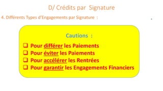 D/ Crédits par Signature
4. Différents Types d’Engagements par Signature :
Cautions :
 Pour différer les Paiements
 Pour éviter les Paiements
 Pour accélérer les Rentrées
 Pour garantir les Engagements Financiers
 
