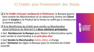 C/ Crédits pour Financement des Stocks
 Si le Crédit n’est pas remboursé à l’échéance, la Banque pourra
faire vendre les Marchandises et se retournera contre son Client
pour le Surplus si le Produit de la Vente ne suffit pas à rembourser
la somme prêtée.
 Si le Bénéficiaire du Crédit veut vendre sa Marchandise
avant échéance du Warrant il a deux solutions principales :
• Soit Rembourser la Banque pour libérer la Marchandise après
avoir vendu la marchandise à un prix plus cher
• Soit Vendre la Marchandise moins chère, à charge
pour l’Acheteur de régler la Banque pour le montant du Crédit
accordé.
 