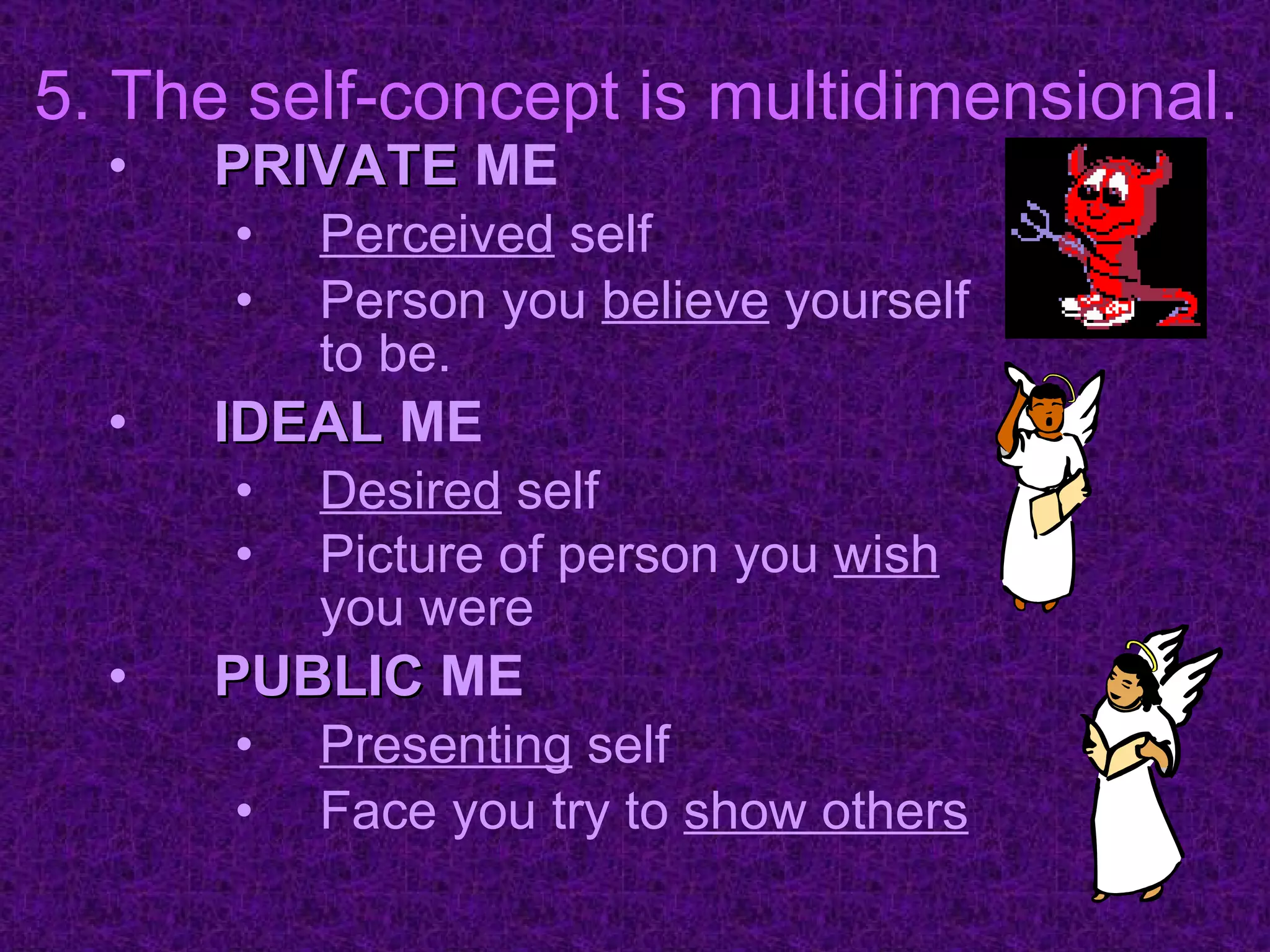 PRIVATE  ME Perceived  self  Person you  believe  yourself to be. IDEAL  ME Desired  self Picture of person you  wish  you were   PUBLIC  ME Presenting  self Face you try to  show others 5. The self-concept is multidimensional. 