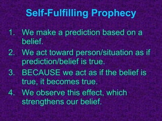 Self-Fulfilling Prophecy We make a prediction based on a belief. We act toward person/situation as if prediction/belief is true. BECAUSE we act as if the belief is true, it becomes true. We observe this effect, which strengthens our belief. 