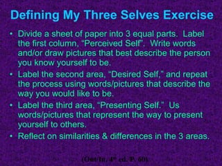 Defining My Three Selves Exercise Divide a sheet of paper into 3 equal parts.  Label the first column, “Perceived Self”.  Write words and/or draw pictures that best describe the person you know yourself to be. Label the second area, “Desired Self,” and repeat the process using words/pictures that describe the way you would like to be. Label the third area, “Presenting Self.”  Us words/pictures that represent the way to present yourself to others. Reflect on similarities & differences in the 3 areas. (Out/In, 4 th  ed. P. 60) 