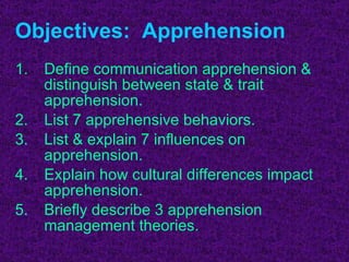 Objectives:  Apprehension Define communication apprehension & distinguish between state & trait apprehension. List 7 apprehensive behaviors. List & explain 7 influences on apprehension. Explain how cultural differences impact apprehension. Briefly describe 3 apprehension management theories. 
