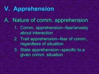 V.  Apprehension A.  Nature of comm. apprehension 1.  Comm. apprehension--fear/anxiety    about interaction 2.  Trait apprehension--fear of comm.,    regardless of situation 3.  State apprehension--specific to a      given comm. situation 