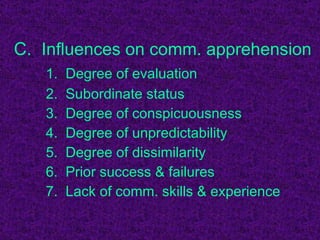 C.  Influences on comm. apprehension 1.  Degree of evaluation 2.  Subordinate status 3.  Degree of conspicuousness 4.  Degree of unpredictability 5.  Degree of dissimilarity 6.  Prior success & failures 7.  Lack of comm. skills & experience 