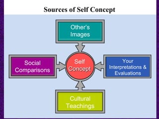 Other’s Images Social Comparisons Your Interpretations & Evaluations Cultural  Teachings Self  Concept Sources of Self Concept 