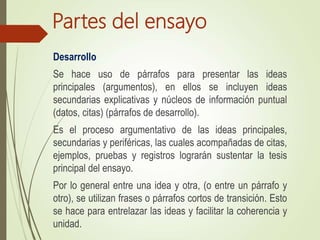 Partes del ensayo
Desarrollo
Se hace uso de párrafos para presentar las ideas
principales (argumentos), en ellos se incluyen ideas
secundarias explicativas y núcleos de información puntual
(datos, citas) (párrafos de desarrollo).
Es el proceso argumentativo de las ideas principales,
secundarias y periféricas, las cuales acompañadas de citas,
ejemplos, pruebas y registros lograrán sustentar la tesis
principal del ensayo.
Por lo general entre una idea y otra, (o entre un párrafo y
otro), se utilizan frases o párrafos cortos de transición. Esto
se hace para entrelazar las ideas y facilitar la coherencia y
unidad.
 