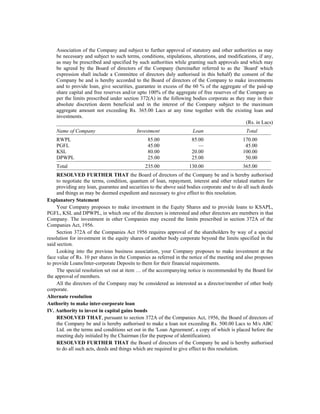 Association of the Company and subject to further approval of statutory and other authorities as may
     be necessary and subject to such terms, conditions, stipulations, alterations, and modifications, if any,
     as may be prescribed and specified by such authorities while granting such approvals and which may
     be agreed by the Board of directors of the Company (hereinafter referred to as the `Board' which
     expression shall include a Committee of directors duly authorised in this behalf) the consent of the
     Company be and is hereby accorded to the Board of directors of the Company to make investments
     and to provide loan, give securities, guarantee in excess of the 60 % of the aggregate of the paid-up
     share capital and free reserves and/or upto 100% of the aggregate of free reserves of the Company as
     per the limits prescribed under section 372(A) in the following bodies corporate as they may in their
     absolute discretion deem beneficial and in the interest of the Company subject to the maximum
     aggregate amount not exceeding Rs. 365.00 Lacs at any time together with the existing loan and
     investments.
                                                                                                  (Rs. in Lacs)
     —————————————————————————————————————————
     Name of Company                        Investment                  Loan                      Total
     —————————————————————————————————————————
     RWPL                                        85.00                 85.00                     170.00
     PGFL                                        45.00                     —                      45.00
     KSL                                         80.00                 20.00                     100.00
     DPWPL                                       25.00                 25.00                      50.00
     —————————————————————————————————————————
     Total                                      235.00                130.00                     365.00
     —————————————————————————————————————————
     RESOLVED FURTHER THAT the Board of directors of the Company be and is hereby authorised
     to negotiate the terms, condition, quantum of loan, repayment, interest and other related matters for
     providing any loan, guarantee and securities to the above said bodies corporate and to do all such deeds
     and things as may be deemed expedient and necessary to give effect to this resolution.
Explanatory Statement
     Your Company proposes to make investment in the Equity Shares and to provide loans to KSAPL,
PGFL, KSL and DPWPL, in which one of the directors is interested and other directors are members in that
Company. The investment in other Companies may exceed the limits prescribed in section 372A of the
Companies Act, 1956.
     Section 372A of the Companies Act 1956 requires approval of the shareholders by way of a special
resolution for investment in the equity shares of another body corporate beyond the limits specified in the
said section.
     Looking into the previous business association, your Company proposes to make investment at the
face value of Rs. 10 per shares in the Companies as referred in the notice of the meeting and also proposes
to provide Loans/Inter-corporate Deposits to them for their financial requirements.
     The special resolution set out at item … of the accompanying notice is recommended by the Board for
the approval of members.
     All the directors of the Company may be considered as interested as a director/member of other body
corporate.
Alternate resolution
Authority to make inter-corporate loan
IV. Authority to invest in capital gains bonds
     RESOLVED THAT, pursuant to section 372A of the Companies Act, 1956, the Board of directors of
     the Company be and is hereby authorised to make a loan not exceeding Rs. 500.00 Lacs to M/s ABC
     Ltd. on the terms and conditions set out in the 'Loan Agreement', a copy of which is placed before the
     meeting duly initialed by the Chairman (for the purpose of identification).
     RESOLVED FURTHER THAT the Board of directors of the Company be and is hereby authorised
     to do all such acts, deeds and things which are required to give effect to this resolution.
 
