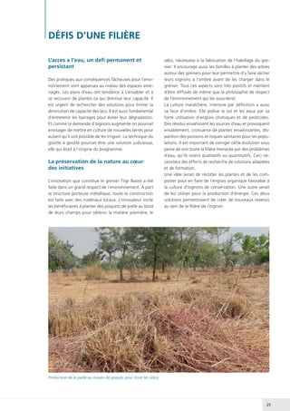 25
DÉFIS D’UNE FILIÈRE
L’acces a l’eau, un defi permanent et
persistant
Des pratiques aux conséquences fâcheuses pour l’envi-
ronnement sont apparues au niveau des espaces amé-
nagés. Les plans d’eau ont tendance à s’ensabler et à
se recouvrir de plantes ce qui diminue leur capacité. Il
est urgent de rechercher des solutions pour limiter la
diminution de capacité des lacs. Il est aussi fondamental
d’entretenir les barrages pour éviter leur dégradation.
Et comme la demande d’oignons augmente on pourrait
envisager de mettre en culture de nouvelles terres pour
autant qu’il soit possible de les irriguer. La technique du
goutte à goutte pourrait être une solution judicieuse,
elle qui était à l’origine du programme.
La préservation de la nature au cœur
des initiatives
L’innovation que constitue le grenier Tilgr Baoré a été
faite dans un grand respect de l’environnement. A part
la structure porteuse métallique, toute la construction
est faite avec des matériaux locaux. L’innovateur incite
les bénéficiaires à planter des poquets de paille au bord
de leurs champs pour obtenir la matière première, le
séko, nécessaire à la fabrication de l’habillage du gre-
nier. Il encourage aussi les familles à planter des arbres
autour des greniers pour leur permettre d’y faire sécher
leurs oignons à l’ombre avant de les charger dans le
grenier. Tous ces aspects sont très positifs et méritent
d’être diffusés de même que la philosophie de respect
de l’environnement qui les sous-tend.
La culture maraîchère, intensive par définition a aussi
sa face d’ombre. Elle pollue le sol et les eaux par sa
forte utilisation d’engrais chimiques et de pesticides.
Des résidus envahissent les sources d’eau et provoquent
ensablement, croissance de plantes envahissantes, dis-
parition des poissons et risques sanitaires pour les popu-
lations. Il est important de corriger cette évolution sous
peine de voir toute la filière menacée par des problèmes
d’eau, qu’ils soient qualitatifs ou quantitatifs. Ceci né-
cessitera des efforts de recherche de solutions adaptées
et de formation.
Une idée serait de récolter les plantes et de les com-
poster pour en faire de l’engrais organique favorable à
la culture d’oignons de conservation. Une autre serait
de les utiliser pour la production d’énergie. Ces deux
solutions permettraient de créer de nouveaux revenus
au sein de la filière de l’oignon.
Production de la paille au moyen de poqués pour tisser les sékos
 