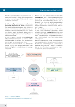 30
On admet généralement que cinq forces menacent la
survie d’une entreprise. L’analyse de ces menaces donne
des pistes importantes pour l’élaboration du modèle
d’affaires de l’innovation.
La diffusion de Tilgr Baoré sera d’abord confrontée au
pouvoir de négociation des clients qui tenteront de
faire baisser les prix. Il est possible de lutter contre cette
menace en minimisant les coûts de production, ce que
l’inventeur a déjà fait à merveille. Il faut aussi garantir
une excellente qualité, des délais de livraison courts et
respectés ainsi qu’un service après-vente efficace si le
client a des problèmes.
A l’inverse il faudra se protéger contre le pouvoir de
négociation des fournisseurs qui tenteront de faire
monter les prix de leurs produits. Pour cela, il sera pos-
sible de signer des contrats à moyen terme.
L’inventeur sera aussi confronté à la concurrence
d’autres infrastructures de conservation même si ac-
tuellement Tilgr Baoré semble bénéficier d’un avantage
comparatif.
Il s’agira aussi de se protéger contre l’arrivée de nou-
veaux acteurs dans le marché des équipements de
conservation. L’inventeur a lancé une démarche de
protection de sa propriété intellectuelle pour avoir la
possibilité d’agir contre des personnes qui voudraient
copier Tilgr Baoré. Cette démarche devra être complé-
tée par une amélioration continue du grenier et du mo-
dèle d’affaires.
Une alternative à la conservation est la transformation.
Si cette activité se développe et rencontre un marché
attrayant, elle pourrait se substituer à la conservation
des oignons frais. Cette menace est faible actuellement,
car la quantité d’oignons disponible est suffisante et
que le marché présente encore de forts potentiels de
développement.
Par contre, il est possible que les structures transfor-
matrices, qui ont besoin de matières premières durant
toute l’année, achètent des greniers ou deviennent un
partenaire pour sa diffusion. L’inventeur a donc intérêt
à ce que la transformation se développe et que ses pro-
duits trouvent de nouveaux débouchés.
INTENSITÉ
DE LA
CONCURRENCE
POUVOIR NÉGOCIATION
DES CLIENTS
POUVOIR NÉGOCIATION
DES CLIENTS
NOUVEAUX ENTRANTS
PRODUITS
DE SUBSTITUTION
Barrières d’entrée :
Protection intellectuelle
Amélioration continue du grenier
et du modèle d’affaires
Contrats
Prix bas
Qualité haute
Respect des délais
Service après-vente
Autres moyens
de conservation
Transformation
sans conservation
Source : Les cinq forces de Porter
https://www.marketing-etudiant.fr/5-forces-de-porter.html
Cinq menaces pour la mise à l’échelle
 