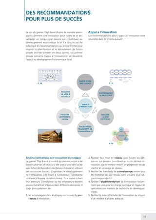 33
Le cas du grenier Tilgr Baoré illustre de manière exem-
plaire comment une innovation peut naître et se dé-
velopper en milieu rural pauvre puis contribuer au
développement économique local. Ce constat justifie
le fait que les recommandations qui en sont tirées pour
inspirer la planification et le déroulement de futurs
projets ont été scindées en deux parties. Un premier
groupe concerne l’appui à l’innovation et un deuxième
l’appui au développement économique local.
DES RECOMMANDATIONS
POUR PLUS DE SUCCÈS
Appui a l’innovation
Les recommandations pour l’appui à l’innovation sont
résumées dans le schéma suivant :
PARTIR D’UNE
IDÉE LOCALE
FACILITER LES
TRANSFERTS DE
CONNAISSANCES
FACILITER
LA MISE
EN RÉSEAU
APPUI À
L’INNOVATION
FACILITER
L’EXPÉRIMEN-
TATION
FACILITER
LA MISE À
L’ÉCHELLE
P. 28 P. 16
ACCOMPAGNER
LE PROCESSUS
16
Le parcours de l’innovateur, de l’idée à l’entreprise
Pour transformer son idée en une innovation, c’est à dire
en un produit commercialisable, l’innovateur est soumis
à un parcours rempli d’embuches et de satisfactions. Tout
d’abord son idée ou le problème qu’il a identifié doit
rencontrer une opportunité. Suite à ce constat l’innova-
teur peut commencer à développer la solution qu’il a en
tête. Cette étape, que l’innovateur engage généralement
à ses propres risques, nécessite des ressources à savoir
du temps, des compétences dans les divers domaines
que touche l’innovation, l’appui de personnes motivées
et une première prise en charge du risque par des inves-
tisseurs externes qui croient au potentiel de l’idée sur le
marché.
Suit ensuite une période durant laquelle la solution va
être élaborée, testée, améliorée et optimisée jusqu’à ce
qu’elle soit mûre pour être commercialisée avec succès.
C’est une phase d’itération et de prototypage qui sera
suivie par une étape d’élaboration du modèle d’affaires
pour aboutir à la mise à l’échelle de l’innovation sur le
marché. La mise à l’échelle nécessite la mobilisation
d’autres compétences que celles qui ont servi à dévelop-
per l’innovation, ainsi qu’une nouvelle prise en charge
du risque de mise à l’échelle; car la conquête du marché
n’est pas gratuite !
Le processus d’élaboration du modèle d’affaires suit le
même parcours que celui de l’innovation elle-même: dé-
veloppement d’idées, itérations, prototypage, évaluation,
choix et finalement mise en œuvre. C’est pourquoi on le
nomme souvent «Business Model Innovation» ou l’inno-
vation du modèle d’affaires.
Référence: Prof. Antoine Perruchoud, Responsable de
l’Institut d’entreprenariat et de management (IEM), Haute
Ecole Spécialisée de Suisse Occidentale Valais/Wallis
IDÉE
PROBLÈME
OPPORTUNITÉ SOLUTION
MODÈLE
D’AFFAIRES
MISE
À L’ÉCHELLE
Apprendre
curiosité
expérience
savoir
instinct
prototypage
perfectionnement
optimisation
Prise en charge du risque
promotion ..... diffusion
Comprendre Explorer Organiser Diffuser
«Le succès qu’a connu ce grenier
nous a tous surpris»
Paul Pérré BAYILI, GEDES,
accompagnateur du PAMEFA
8
SECRET DE SUCCÈS, LA STRATÉGIE
D’INTERVENTION DU PAMEFA
Réseau d’interactions des acteurs de la filière oignon
Construction de pistes par l’approche
HIMO
La stratégie d’intervention du PAMEFA, volet ma-
raîchage, a mis l’accent sur la responsabilisation des
acteurs locaux dans la mise en œuvre des activités à tra-
vers des protocoles de collaboration. De la conception à
l’opérationnalisation, les bénéficiaires ont été associés
à tout le processus. Les interventions ont été orientées
vers tous les acteurs de la filière à savoir les productrices
et producteurs, les Institutions de microfinance, les en-
treprises / prestataires de services privés, les transfor-
matrices de produits maraîchers et leurs organisations,
les commerçantes et commerçants ainsi que les trans-
porteurs de produits maraîchers et leurs organisations.
Ces interventions s’inscrivent dans les priorités du Gou-
vernement burkinabé et visent à relever le défi d’une
exploitation familiale maraîchère moderne participant
à l’amélioration des conditions de vie des producteurs
ruraux.
Après cette étape de responsabilisation des acteurs, le
PAMEFA a poursuivi ses interventions avec l’améliora-
tion des connaissances des productrices et producteurs
ainsi que l’augmentation des rendements, le renforce-
ment des capacités des organisations de producteurs et
de commerçants de produits maraîchers. La construc-
tion et la consolidation du partenariat avec l’Etat et les
collectivités font également partie des axes d’inter-
vention du programme. Mais l’action majeure dans ce
programme a été, le développement d’une innovation
en matière de conservation portée par les producteurs.
Sa concrétisation est le grenier Tilgr Baoré qui visait à
améliorer les conditions de stockage de l’oignon. Ainsi,
les producteurs ont été soutenus pour la réalisation de
greniers de grande capacité. Et l’infrastructure a permis
aux femmes productrices de tirer bénéfice de la varia-
tion du prix de l’oignon.
SERVICES
TECHNIQUES
ETAT 
COLLECTIVITÉS
LOCALES
PAMEFA
IMF
CONSERVATEURS
ARTISANS
LOCAUX
COMMER-
ÇANTS
TRANSFOR-
MATRICES
MARAÎCHERS
P. 08
Schéma synthétique de l’innovation en 5 étapes
Le grenier Tilgr Baoré a montré qu’une innovation a de
bonnes chances de réussir si elle part d’une idée locale
avec le but de répondre à des besoins locaux en utilisant
des ressources locales. Cependant le développement
de l’innovation « de l’idée à l’entreprise » représente
un travail d’équipe pluridisciplinaire. Pour mener à bien
leur aventure, l’innovateur ou les innovateurs doivent
pouvoir bénéficier d’appuis dans différents domaines. Il
s’agit principalement de :
1.	les accompagner dans les étapes successives du pro-
cessus d’innovation ;
2.	faciliter leur mise en réseau avec toutes les per-
sonnes qui peuvent contribuer au succès de leur in-
novation, car le meilleur moyen de progresser est de
mettre les cerveaux en réseau ;
3.	faciliter les transferts de connaissances entre tous
les membres de leur réseau dans le cadre d’un ap-
prentissage collectif ;
4.	faciliter l’expérimentation de l’innovation notam-
ment par une prise en charge du risque et l’appui de
spécialistes en matière de recherche et développe-
ment ;
5.	faciliter la mise à l’échelle de l’innovation au moyen
d’un modèle d’affaires adéquat.
 