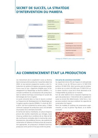 9
Les interventions de la coopération suisse au Burkina
dans le domaine de la production maraichère datent de
2004. Le tout premier programme soutenu a été l’in-
troduction du système d’irrigation par goutte à goutte.
Connu sous le nom « Approche Intégrée pour le Dé-
veloppement du Maraîchage au Burkina (AIDM) », il a
consisté à améliorer les connaissances des producteurs
dans la maîtrise technique, économique et sociale des
technologies de micro irrigation.
Le succès rencontré dans sa mise en œuvre a conduit
au Programme de Développement du Maraîchage par
l’irrigation goutte à goutte (PDMIG). Il a duré de 2011
à 2014. Une fois le potentiel du secteur perçu, il fallait
continuer à appuyer les producteurs pour une véritable
structuration de ce domaine d’activités.
En termes de revenus monétaires, la culture d’oignons
procure des recettes importantes aux ménages, toute
chose qui améliore leurs conditions de vie. Mais du fait
des insuffisances constatées dans la maitrise des cycles
de production, des problèmes fonciers, des systèmes de
conservation et l’absence d’infrastructures de conserva-
tion appropriées, les producteurs vendaient toute leur
production entre janvier et mai pour éviter les pertes.
Exploitations
familiales
revenus
productivité et qualité
politiques publiques
amélioration
moyens de production
conservation
transformation
commercialisation
micro-assurance
crédits
d’investissement
aménagement
accès sécurisé
répartition équitable
maraîchage en saison hivernale
diversitivation des productions
transformation
commercialisation
terres
eau
espaces de production
renforcement
des capacités
petite irrigation
espaces de production
promotion
accompagnement
genre
AU COMMENCEMENT ÉTAIT LA PRODUCTION
SECRET DE SUCCÈS, LA STRATÉGIE
D’INTERVENTION DU PAMEFA
Une prise de conscience inévitable
Au regard de la forte offre de l’oignon en cette période
de l’année, le sac de 120 kg se vend à 12 500 FCFA
parfois à 10 000 FCFA. Alors qu’entre août et octobre,
le même sac se vend à 65 000 voire 75 000 FCFA sur
le même marché à cause de la forte demande et de
l’indisponibilité du produit en ce moment.
Fort de cette réalité et de la nécessité d’optimiser les
gains des producteurs, l’intervention de la coopération
suisse va encore être déterminante. Cette fois-ci, non
pas pour produire mais pour améliorer les capacités de
conservation de l’oignon.
Parmi les modèles et systèmes de conservation expé-
rimentés, un seul, le grenier Tilgr Baoré, va se révéler
concluant.
Oignons fraîchement récoltés
Stratégie du PAMEFA selon le Document de Projet
 