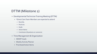 DTTM (Milestone 2)
 DevelopmentalTechnicianTraining Meeting (DTTM)
 *Direct CareTeam Members are expected to attend
 Monthly
 Positives
 Goals
 Action Items
 Conclusion (Questions or concerns)
 Time Management & Organization
 SMART Goals
 Weekly Activity Planner
 PrioritizedAction Items
 