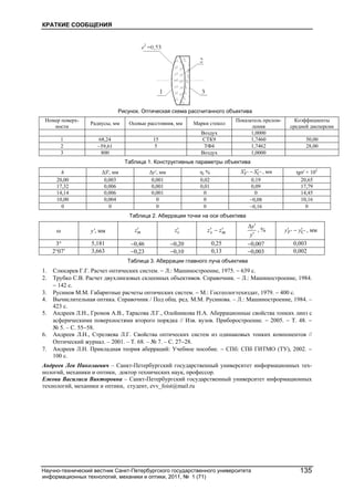 КРАТКИЕ СООБЩЕНИЯ
Научно-технический вестник Санкт-Петербургского государственного университета
информационных технологий, механики и оптики, 2011, № 1 (71)
135
Рисунок. Оптическая схема рассчитанного объектива
Номер поверх-
ности
Радиусы, мм Осевые расстояния, мм Марки стекол
Показатель прелом-
ления
Коэффициенты
средней дисперсии
Воздух 1,0000
1 68,24 15 СТК9 1,7460 50,00
2 59,61 5 ТФ4 1,7462 28,00
3 800 Воздух 1,0000
Таблица 1. Конструктивные параметры объектива
h ΔS′, мм Δy′, мм η, % CF SS   , мм tgσ′ × 102
20,00 0,003 0,001 0,02 0,19 20,65
17,32 0,006 0,001 0,01 0,09 17,79
14,14 0,006 0,001 0 0 14,45
10,00 0,004 0 0 0,08 10,16
0 0 0 0 0,16 0
Таблица 2. Аберрации точки на оси объектива
ω y′, мм mz sz ms zz 
y
y


, % CF уу   , мм
3° 5,181 0,46 0,20 0,25 0,007 0,003
2°07′ 3,663 0,23 0,10 0,13 0,003 0,002
Таблица 3. Аберрации главного луча объектива
1. Слюсарев Г.Г. Расчет оптических систем.  Л.: Машиностроение, 1975.  639 с.
2. Трубко С.В. Расчет двухлинзовых склеенных объективов. Справочник.  Л.: Машиностроение, 1984.
 142 с.
3. Русинов М.М. Габаритные расчеты оптических систем.  М.: Госгеологтехиздат, 1979.  400 с.
4. Вычислительная оптика. Справочник / Под общ. ред. М.М. Русинова. – Л.: Машиностроение, 1984. –
423 с.
5. Андреев Л.Н., Громов А.В., Тарасова Л.Г., Олейникова Н.А. Аберрационные свойства тонких линз с
асферическими поверхностями второго порядка // Изв. вузов. Приборостроение.  2005.  Т. 48. 
№ 5. – С. 5558.
6. Андреев Л.Н., Стреляева Л.Г. Свойства оптических систем из одинаковых тонких компонентов //
Оптический журнал. – 2001. – Т. 68. – № 7. – С. 2728.
7. Андреев Л.Н. Прикладная теория аберраций: Учебное пособие.  СПб: СПб ГИТМО (ТУ), 2002. 
100 с.
Андреев Лев Николаевич – Санкт-Петербургский государственный университет информационных тех-
нологий, механики и оптики, доктор технических наук, профессор.
Ежова Василиса Викторовна – Санкт-Петербургский государственный университет информационных
технологий, механики и оптики, студент, evv_foist@mail.ru
 