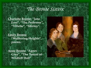 The Bronte Sisters:
Charlotte Bronte: “Jane
Eyre”, “The Professor”,
“Villette”, “Shirley”.
Emily Bronte:
”Wuthering Heights”,
poems.
Anne Bronte: “Agnes
Grey”, “The Tenant of
Wildfell Hall”
 