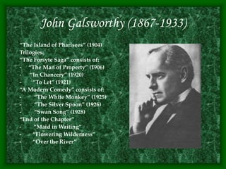 John Galsworthy (1867-1933)
“The Island of Pharisees” (1904)
Trilogies:
“The Forsyte Saga” consists of:
- “The Man of Property” (1906)
- “In Chancery” (1920)
- “To Let” (1921)
“A Modern Comedy” consists of:
- “The White Monkey” (1925)
- “The Silver Spoon” (1926)
- “Swan Song” (1928)
“End of the Chapter”
- “Maid in Waiting”
- “Flowering Wilderness”
- “Over the River”
 