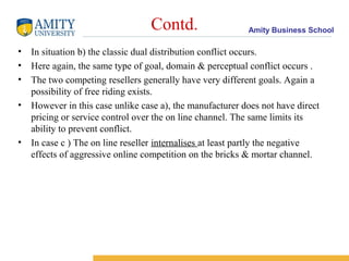 Contd.                   Amity Business School

• In situation b) the classic dual distribution conflict occurs.
• Here again, the same type of goal, domain & perceptual conflict occurs .
• The two competing resellers generally have very different goals. Again a
  possibility of free riding exists.
• However in this case unlike case a), the manufacturer does not have direct
  pricing or service control over the on line channel. The same limits its
  ability to prevent conflict.
• In case c ) The on line reseller internalises at least partly the negative
  effects of aggressive online competition on the bricks & mortar channel.
 