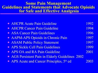 Some Pain Management  Guidelines and Statements that Advocate Opioids  for Safe and Effective Analgesia AHCPR Acute Pain Guideline  1992 AHCPR Cancer Pain Guideline  1994 ASA Cancer Pain Guidelines  1996 AAPM-APS Opioids in Chronic Pain  1997 ASAM Public Policy Statement   1997 APS Sickle Cell Pain Guidelines 1999 APS OA and RA Pain Guideline 2001 AGS Persistent Pain in Elderly Guidelines  2002 APS Acute and Cancer Principles, 5 th  ed  2003 