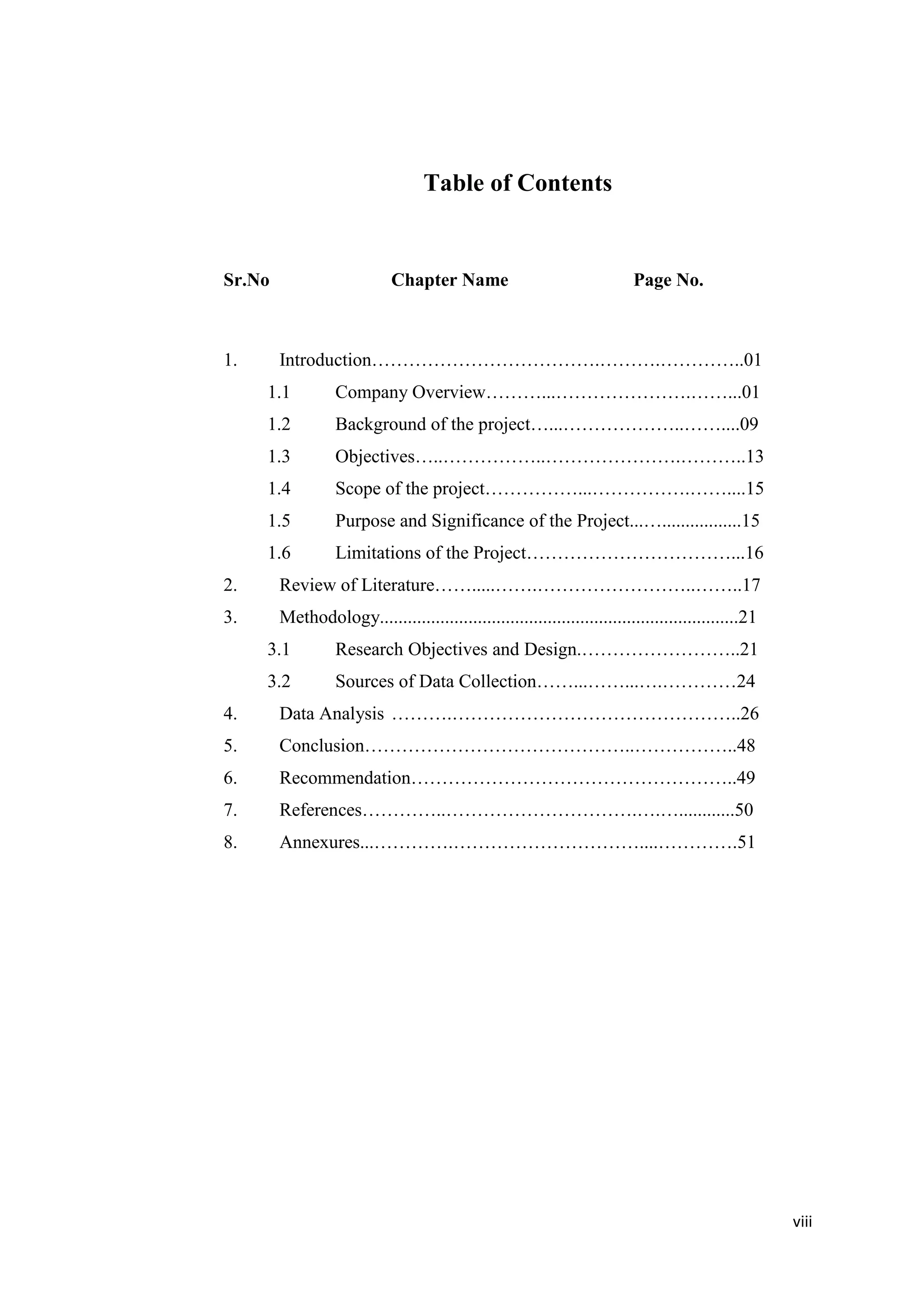 viii
Table of Contents
Sr.No Chapter Name Page No.
1. Introduction……………………………….……….…………..01
1.1 Company Overview………...………………….……...01
1.2 Background of the project…...………………..……....09
1.3 Objectives…..……………..………………….………..13
1.4 Scope of the project……………...…………….……....15
1.5 Purpose and Significance of the Project...….................15
1.6 Limitations of the Project……………………………...16
2. Review of Literature…….....…….……………………..……..17
3. Methodology.............................................................................21
3.1 Research Objectives and Design.……………………..21
3.2 Sources of Data Collection……...……...….…………24
4. Data Analysis ……….………………………………………..26
5. Conclusion……………………………………..……………..48
6. Recommendation……………………………………………..49
7. References…………..………………………….….…............50
8. Annexures...………….…………………………....………….51
 