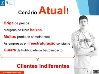 Cenário Atual!
Briga de preços
Margens de lucro baixas
Muitos produtos semelhantes
As empresas em reestruturação constante
Guerra de Publicidade de baixo impacto
Clientes Indiferentes
Não está nas fichas
 