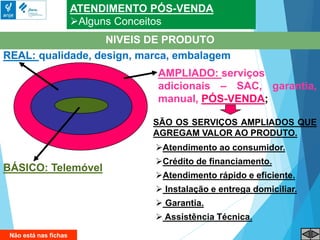 ATENDIMENTO PÓS-VENDA
Alguns Conceitos
NIVEIS DE PRODUTO
BÁSICO: Telemóvel
REAL: qualidade, design, marca, embalagem
AMPLIADO: serviços
adicionais – SAC, garantia,
manual, PÓS-VENDA;
SÃO OS SERVIÇOS AMPLIADOS QUE
AGREGAM VALOR AO PRODUTO.
Atendimento ao consumidor.
Crédito de financiamento.
Atendimento rápido e eficiente.
 Instalação e entrega domiciliar.
 Garantia.
 Assistência Técnica.
Não está nas fichas
 