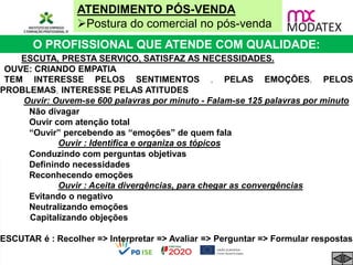 ATENDIMENTO PÓS-VENDA
Postura do comercial no pós-venda
O PROFISSIONAL QUE ATENDE COM QUALIDADE:
4.1 ESCUTA, PRESTA SERVIÇO, SATISFAZ AS NECESSIDADES.
OUVE: CRIANDO EMPATIA
TEM INTERESSE PELOS SENTIMENTOS , PELAS EMOÇÕES, PELOS
PROBLEMAS, INTERESSE PELAS ATITUDES
Ouvir: Ouvem-se 600 palavras por minuto - Falam-se 125 palavras por minuto
· Não divagar
· Ouvir com atenção total
· “Ouvir” percebendo as “emoções” de quem fala
Ouvir : Identifica e organiza os tópicos
· Conduzindo com perguntas objetivas
· Definindo necessidades
· Reconhecendo emoções
Ouvir : Aceita divergências, para chegar as convergências
· Evitando o negativo
· Neutralizando emoções
· Capitalizando objeções
ESCUTAR é : Recolher => Interpretar => Avaliar => Perguntar => Formular respostas
 