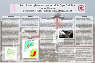 Perchloroethylene and cancer risk in Cape Cod, MA
Emmett Madeson
Department of Public Health Sciences, UMass Amherst
Study area
Methods
To begin, I collected prior research done on the subject
using the WorldCat library catalog and JSTOR. In total, I
found nine peer-reviewed studies and six government
sources. I then found shapefiles for my basemap that
were made publicly accessible thanks to the Cape Cod
Commission, Buzzards Bay Coalition, and MassGIS.
Using Google Earth, I traced CS-10 as well as the odds
ratio clusters discovered in the BU studies, then I
imported them into Arc to overlay onto my basemap.
One of the ways public health professionals calculate
the relationship between disease prevalence and toxins
is by using odds ratios. Odds ratios are calculated as
follows:
OR = (Exposed Cases x Unexposed Controls) ÷
(Exposed Controls x Unexposed Cases)
An odds ratio of 1.0 means that there is no causal
relationship between a toxin and a disease. An odds
ratio greater than 1.0 suggests a causal relationship
between a the toxin and the disease.
Time Resided in Cape Cod and Breast
Cancer
In a 2004 study that adjusted for confounding risk
factors such as age, socioeconomic status, family
history, and parity, it was found that women over 30
who had lived on the Cape for 20 to 30 years had an
increased incidence of breast cancer, when
compared to women of the same age who were new
to the area or who had moved away years before.
The results showed that women who had been living
in Cape Cod for 25 to 30 years had an OR of 1.72
while those less-exposed had an OR of 1.00,
meaning that women with 25 to 30 year residencies
on the Cape had 72% greater cancer incidence than
those who spent most of their lives off the Cape.
This study indicates that there is an environmental
health hazard, as with the removal of confounding
factors such as age, genetics, and socioeconomic
status, there is no other perceivable reason why
women living on the Cape would have higher breast
cancer incidence than those living off the Cape.5
Spatial Analysis of Residential Location and
Breast Cancer Incidence
Other studies applied spatial analysis to the current
and past residences of their subjects. The earlier
study found significant clustering in southwest
Falmouth, northwest Sandwich, and western
Barnstable.6 The later study related the clusters to
contaminated groundwater plumes around the Joint
Base of Cape Cod.7 Moreover, the latter study
further proved that the contaminated plumes were
to blame, because the clusters only appeared after
adjustment for latency and confounding factors.7
Water Filter Usage
A 2003 study linking PCE and breast cancer also found
that women who used water treatment devices in
their homes had significantly lower incidences of
breast cancer.10
Tumors in Brown Bullheads (Ameiurus
nebulosus) in Ashumet Pond
CS-10 drains into Ashumet Pond, where Brown
Bullheads are experiencing a similar cancer cluster.8 9
A 2006 study compared A. nebulosus from Ashumet
Pond with those in Great Herring Pond, which is
across the canal between Bourne and Plymouth.
Ashumet bullheads were found to have an 80%
prevalence rate of papillomas, whereas Great
Herring bullheads had a papilloma prevalence rate of
0%.8
Introduction
Since the 1980s, Cape Cod residents have suspected that a
breast cancer cluster exists in the upper portion of the
Cape. According to the National Cancer Institute,1 the
counties that make up the Cape and Islands region of
Massachusetts–Barnstable, Nantucket, and Dukes–hold
the top three breast cancer rates of all Massachusetts
counties. Massachusetts’ Silent Spring Institute, a local
organization that researches environmental hazards to
women’s health, has found that nine out of the fifteen
towns on Cape Cod have breast cancer rates at least 15%
higher than the state average.2
Scientists from the Boston University School of Public
Health and the Silent Spring Institute are currently looking
into the Joint Base of Cape Cod, a military base shared by
the Air National Guard, a Coast Guard Air station, and a
training facility called Camp Edwards. The Joint Base is
registered in the Environmental Protection Agency’s
Superfund program, meaning it’s a site with toxic waste.
Specifically, it was contaminated with the volatile organic
chemicals (VOCs) and known carcinogens
tetrachloroethylene (TCE) and perchloroethylene (PCE)
during missile testing sponsored by Boeing.3 The site also
just so happens to sit atop the Sagamore Lens, the sole
source aquifer serving the towns of Bourne, Sandwich,
Falmouth, Mashpee, Barnstable, and Yarmouth.3 4 This
project explores the possibility that PCE in the upper
Cape’s groundwater may be contributing to the area’s
elevated cancer rates.
Breast cancer odds ratios of study area
adjusted for 20 years of latency, superimposed
with underground plumes of PCE.7 8
Results
Discussion Conclusion
With the data from these studies combined, it is
undeniable that VOCs from JBCC are causing breast
cancer, and little further research is needed. The question
is, what is the National Guard going to do about it? The
AFCEE has partnered with the EPA to build water
treatment plants that extract contaminated water, treat
it, and release it back into the aquifer. But
mathematically, the dilution of a pollutant is asymptotic,
making achieving safe levels of VOCs always just out of
reach.11 Dilution an unattainable goal even without the
AFCEE having shut off numerous extraction wells
prematurely, including those that draw from CS-10, which
is projected to reach acceptable PCE levels in 2055.8
Surely the National Guard will issue an apology and give
some kind of reparations to the 2,000 breast cancer
patients in their own backyard. But with the AFCEE only
recognizing PCE as a carcinogen in 2008, twenty years
after the cancer cluster was first speculated, an
acknowledgement of the damage seems far away.12
Another solution would be to shut down JBCC so that
those who live and work there need no longer be
exposed. However, the addition of Barnstable County
Correctional Facility to JBCC in 2004, along with the 2016
proposal to house homeless Cape Codders on the site
hint at something perhaps more sinister.3 13
Moving forward, there are many different approaches to
make changes on the Upper Cape, through the media,
state legislators, and grassroots support of patients and
their families.
References
1 US Centers for Disease Control and Prevention, National Program of Cancer
Registries Cancer Surveillance System. (2016, November). State Cancer Profiles.
Retrieved from https://statecancerprofiles.cancer.gov/incidencerates.
2 Aschengrau, A., Paulu, C., & Oznoff, D. (1998). Tetrachloroethylene-
contaminated drinking water and the risk of breast cancer. Environmental
Health Perspectives, 106(Suppl 4), 947-953. doi:10.1289/ehp.98106s4947
3 Environmental Protection Agency. (2013). Otis Air National Guard Base/Camp
Edwards Falmouth, MA. Washington, DC: U.S. Environmental Protection Agency.
4 Belfit, G., & McCaffrey, D. (1996). Sagamore lens groundwater protection
project. Barnstable, MA: Cape Cod Committee.
5 McKelvey, W., Brody, J. G., Aschengrau, A., & Swartz, C. H. (2004). Association
between residence on Cape Cod, Massachusetts, and breast cancer. Annals of
Epidemiology, 14(2), 89-94. doi://doi.org/10.1016/S1047-2797(03)00120-0
6 Paulu, C., Aschengrau, A., & Ozonoff, D. (2002). Exploring associations between
residential location and breast cancer incidence in a case-control study.
Environmental Health Perspectives, 110(5), 471-478. doi:10.1289/ehp.02110471
7 Vieira, V., Webster, T., Weinberg, J., & Aschengrau, A. (2005). Spatial analysis of
lung, colorectal, and breast cancer on Cape Cod: An application of generalized
additive models to case-control data. Environmental Health: A Global Access
Science Source, 4(11), 18. doi:10.1186/1476-069X-4-11
8 Air Force Center for Engineering and the Environment. (2010). Groundwater
plume maps & information booklet. OANGB, MA: Massachusetts Military
Reservation.
9 Yang, X., Meier, J., Chang, L., Rowan, M., & Baumann, P. C. (2006). DNA damage
and external lesions in brown bullheads (ameiurus nebulosus) from
contaminated habitats. Environmental Toxicology and Chemistry, 25(11), 3035-
3038. doi:10.1897/05-706R.1
10 Aschengrau, A., Rogers, S., & Ozonoff, D. (2003). Perchloroethylene-
contaminated drinking water and the risk of breast cancer: Additional results
from Cape Cod, Massachusetts, USA. Environmental Health Perspectives, 111(2),
167-173. doi:10.1289/ehp.4980
11 DiGiulio, D. C., & Varadhan, R. (2001). Proposed approach for assessment of
performance and closure of venting systems. Development of recommendations
and methods to support assessment of soil venting performance and closure (pp.
1-5). Cincinnati: U.S. Environmental Protection Agency.
12 Ramaswamy, P., Alves, J., Davis, J., Forbes, R., Tindell, N., Dalrymple, J., . . .
O'Reilly, M. (2008). 3rd five-year review, 2002-2007, Massachusetts Military
Reservation, Superfund site, Otis Air National Guard Base. OANGB, MA: Air
Force Center for Engineering and the Environment.
13 Spillane, G. (2016, Aug 27). Plan to house homeless on Joint Base Cape Cod
criticized. Cape Cod Times.
 