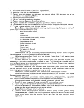 9. Эмнэлгийн ажилтан гутлын углаашаа өөрөө тайлна.
10. Ажилтан 2 дах хос бээлийгээ тайлна.
11. Туслах ажилтан хувцсыг хог хаягдлын сав, уутанд хийнэ. Хог хаягдлын сав уутны
гадна талыг бохирдуулахгүй байна.
12. Орчинд халдваргүйтгэл хийнэ.
13. Туслах ажилтан нүдний шилээ тайлна.
14. Туслах ажилтан 3 дах хос бээлийгээ тайлна.
15. Туслах ажилтан бие хамгаалах хувцасны цахилгааныг өөрөө тайлна.
16. Туслах ажилтан бие хамгаалах хувцасыг дотроос гадна тал руу нь чиглүүлэн тайлна.
17. Гутлаа/ углааш/ тайлаад 4 дэх бээлийг тайлна.
Дөрөв. Давтан хэрэглэгдэх даавуун өмсгөлд уушгины хэлбэрийн тарваган тахлын 1
дүгээр зэрэглэлийн өмсгөл орно. Үүнд:
- Мэс заслын өмд, пижам
- Оймс
- Усны гутал
- Шаардлагатай тохиолдолд чагнуур
- Нэг удаагийн бээлий
- Гурвалжин алчуур
- Хойшоо харсан халад
- Амны хаалт
- Нүдний шил
- Нэг удаагийн бээлий
- Гарын алчуур
4.1.Өмсгөлийг 3-4 цаг ажиллахад тохиромжтой байхаар тооцон ажлын аюулгүй
байдлыг хангаж 2.1 дүгээрт заасан дарааллаар өмсөнө.
4.2.Халадны захны бүч, бүсийг зүүн урд талдаа, 2 ханцуйны бүчийг шууны гадна
хэсэгт тус тус хөвөрхөн уяна.
4.3.Амны хаалтыг ам, хамраа бүрэн хаахын тулд дээд ирмэгийг нүдний доод
зовхины доогуур байрлуулан бүчийг хүзүүний ар хэсэгт, доод ирмэгийг эрүүний доогуур
оруулан бүчийг дээш татаж дагзан дээрээ хөвөрхөн уяна. Хамрын 2 талд агаар гарахаас
сэргийлэн бөөрөнхий хөвөн хавчуулна.
4.4.Нүдний хамгаалах шил зүүхийн өмнө хүрээндээ сайн бэхлэгдсэн эсэхийг
шалгаж шилний дотор талын ирмэгээр үл цантуулагч тусгай харандаа эсвэл хатсан
савангаар зурж шил рүү зөөлөн даавуугаар жигд арчина.
4.5.Резинэн бээлийг өмсөхийн өмнө бүтэн эсэхийг агаар оруулж шалгана.
4.6.Гарын алчуурыг халадны бүсний баруун урд талд 2/3-ыг нь гадна талд унжиж
байхаар тооцож хавчуулна.
4.7.Эмгэг судлалын шинжилгээ, угаалга, цэвэрлэгээ, халдваргүйтгэл, ариутгал,
хийх, биеийн шингэнтэй харьцах үед хулдаасан хормогч, ханцуйвч өмсөнө.
4.8.Өмсгөлийг зөөлөн хөдөлгөөнөөр дараах дараалаар тайлна. Үүнд:
1. Бээлийтэй гарыг халдваргүйтгэх уусмалаар 1-2 минут сайтар угаана.
2. Гарын алчуурын бохир хэсгийг дотогш хумих маягаар сугалж авна.
3. Хулдаасан хормогч ба ханцуйвчийг хөвөнд шингээсэн халдваргүйтгэх уусмалаар
арчиж норгоод гадна талыг нь дотогш эвхэж тайлна.
4. Давхар бээлийний гадна талыг нь тайлна.
5. Гуталтай хөлөө халдваргүйтгэх уусмалтай түмпэн дотор гишгэж, уусмал дотор
байгаа хөвөнгөөр түрийнээс нь дотогш тойруулан арчаад уусмалаас хөлөө гаргаж,
нөгөө гутлаа дээрх маягаар арчина. Гутал тус бүрт өөр өөр норгосон хөвөн
хэрэглэнэ.
 